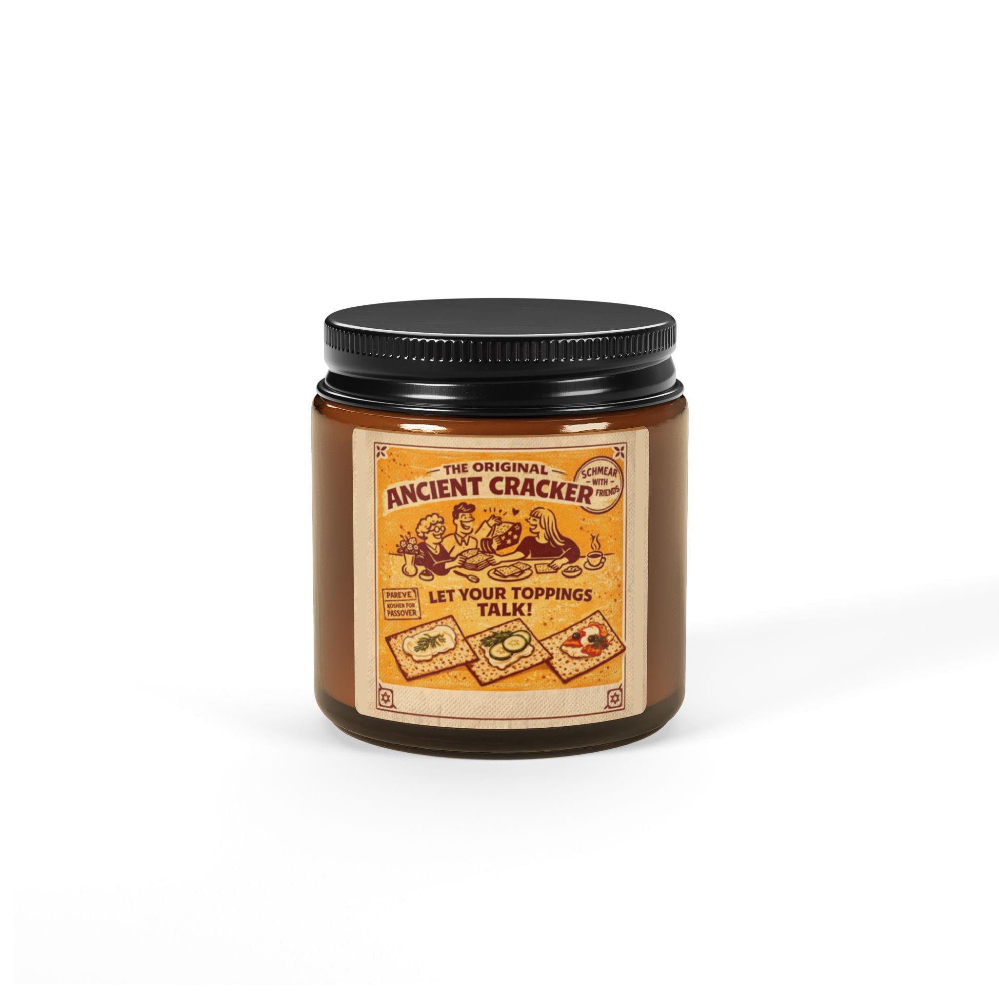 Vintage Cracker Label Soy Candle, Amber Jar, Judaica Kitchen Decor