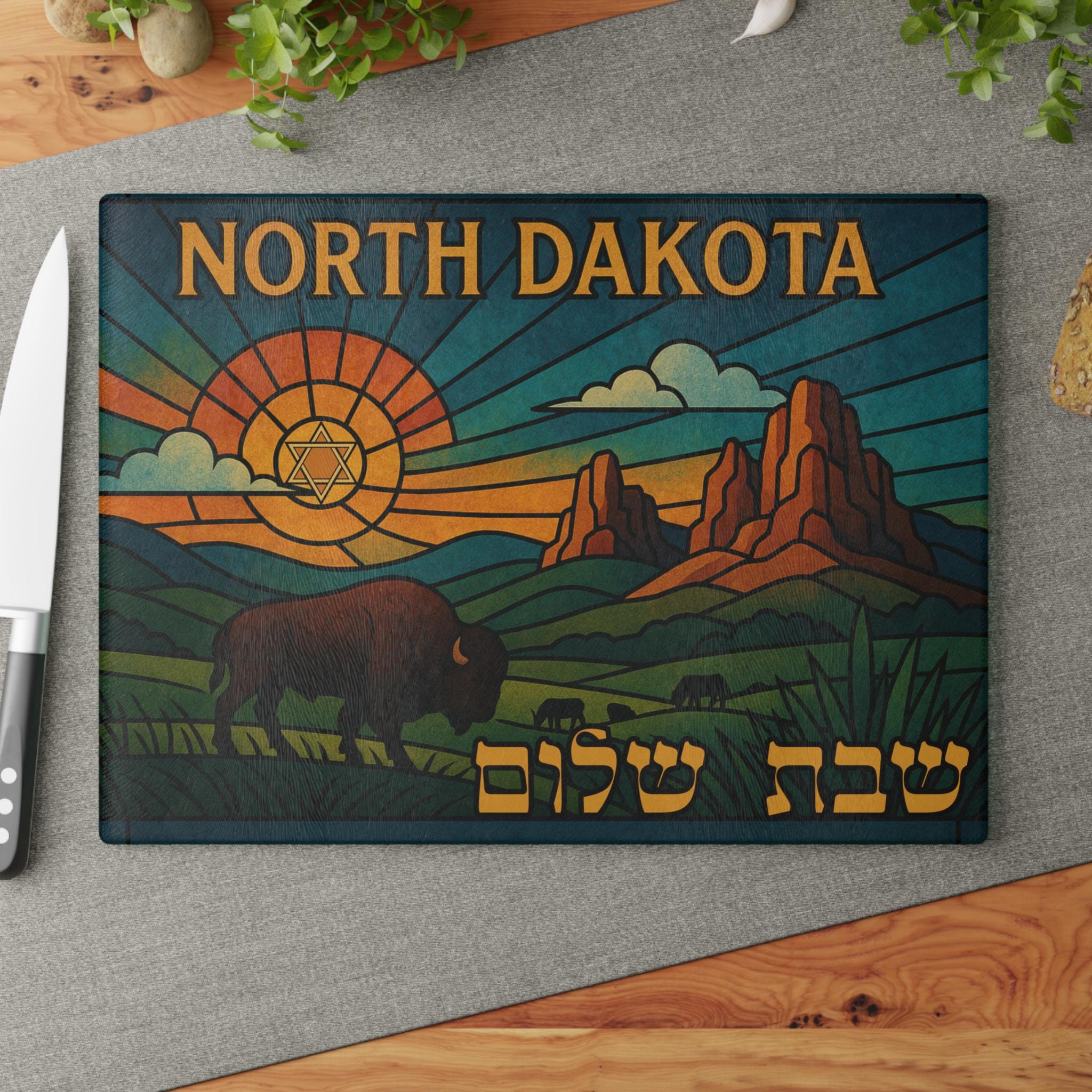 North Dakota Challah Board, Bison Badlands Shabbat Shalom Glass Tray