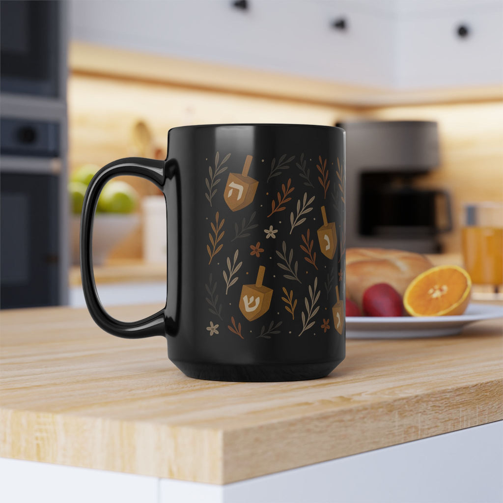 Jewish Dreidel Floral Mug Black Hanukkah Coffee Cup, 11oz or 15oz Ceramic Tea Mug Gift for Jewish Women