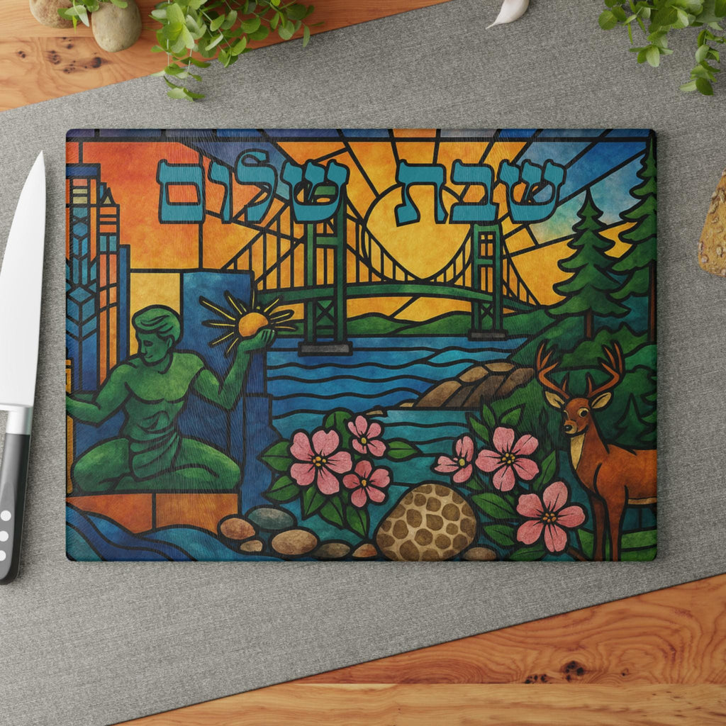 Michigan Stained Glass Challah Board, Mackinac Bridge Judaica Tray, 11x15 Shabbat Gift