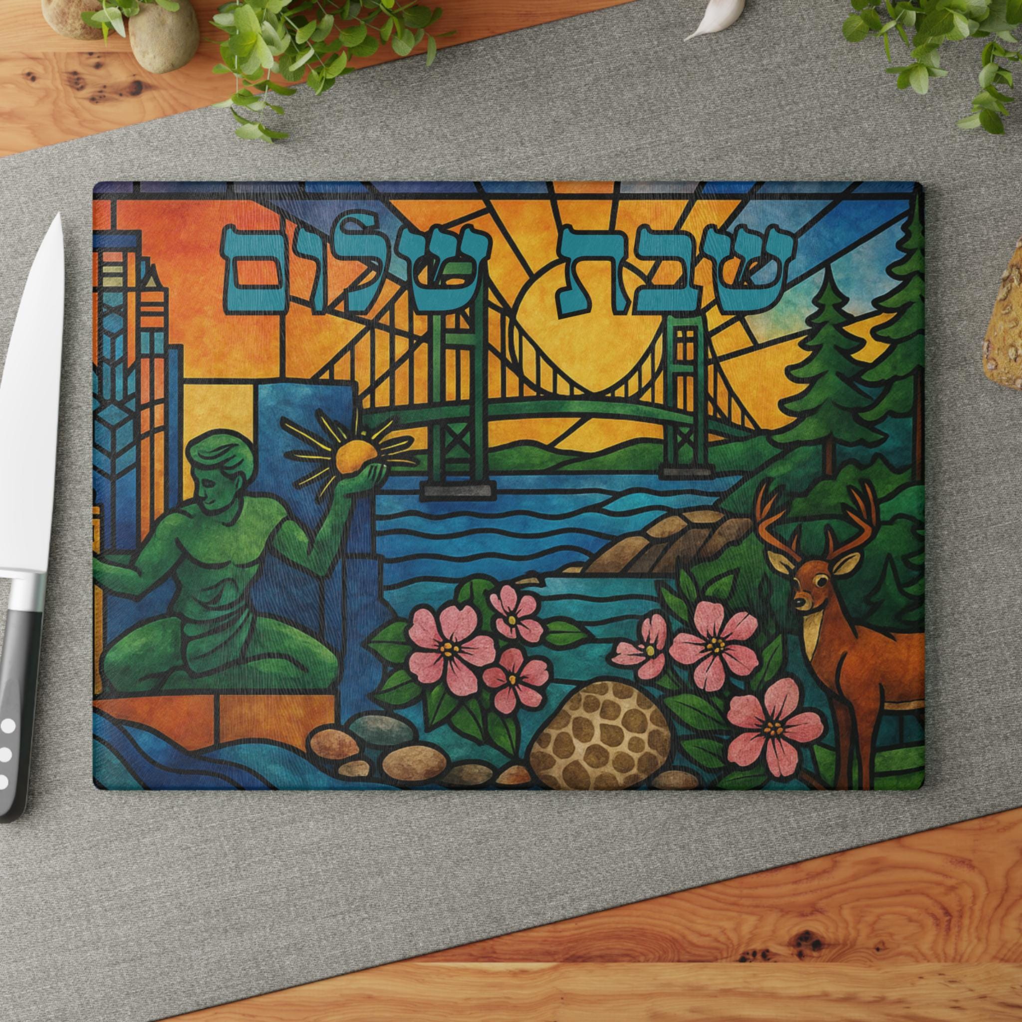 Michigan Stained Glass Challah Board, Mackinac Bridge Judaica Tray, 11x15 Shabbat Gift