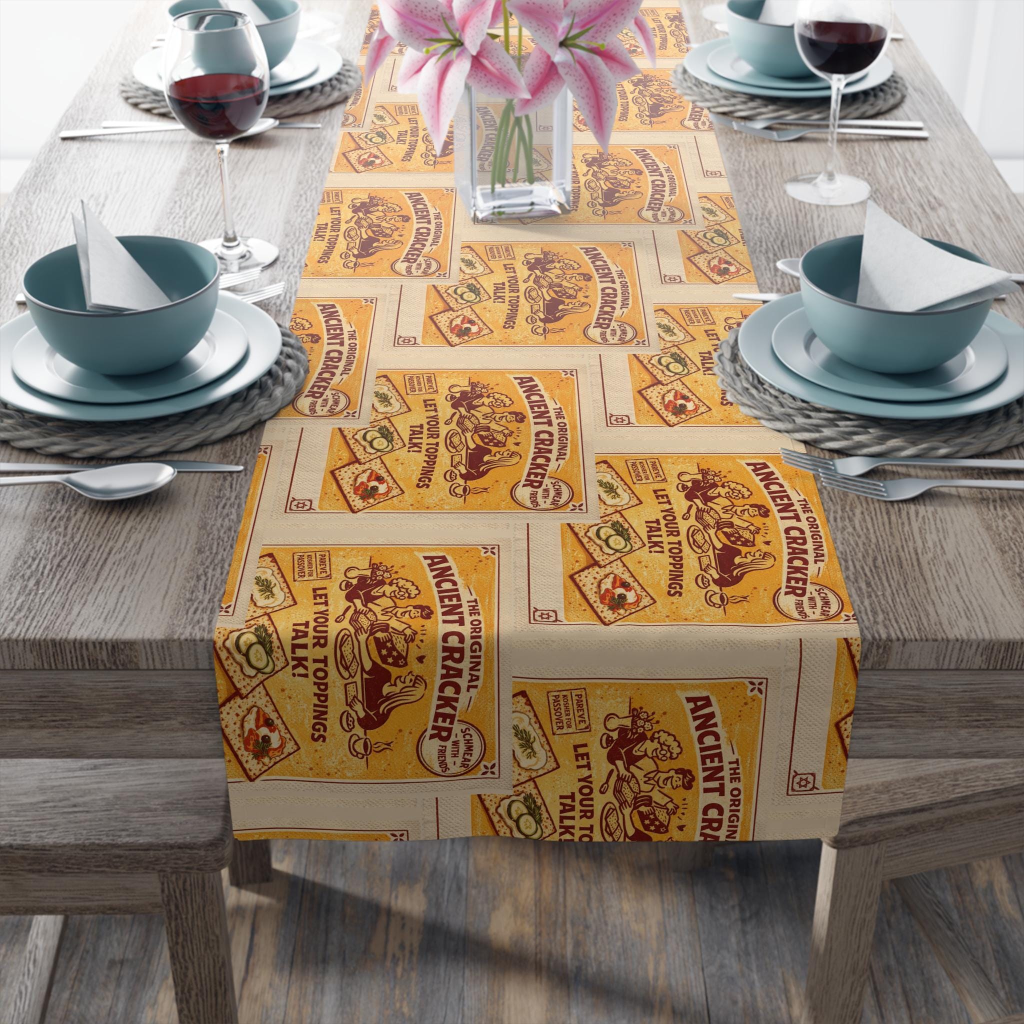 Passover Table Runner 16x90, Ancient Cracker Seder Decor, Vintage Matzah Design, Jewish Hostess Gift
