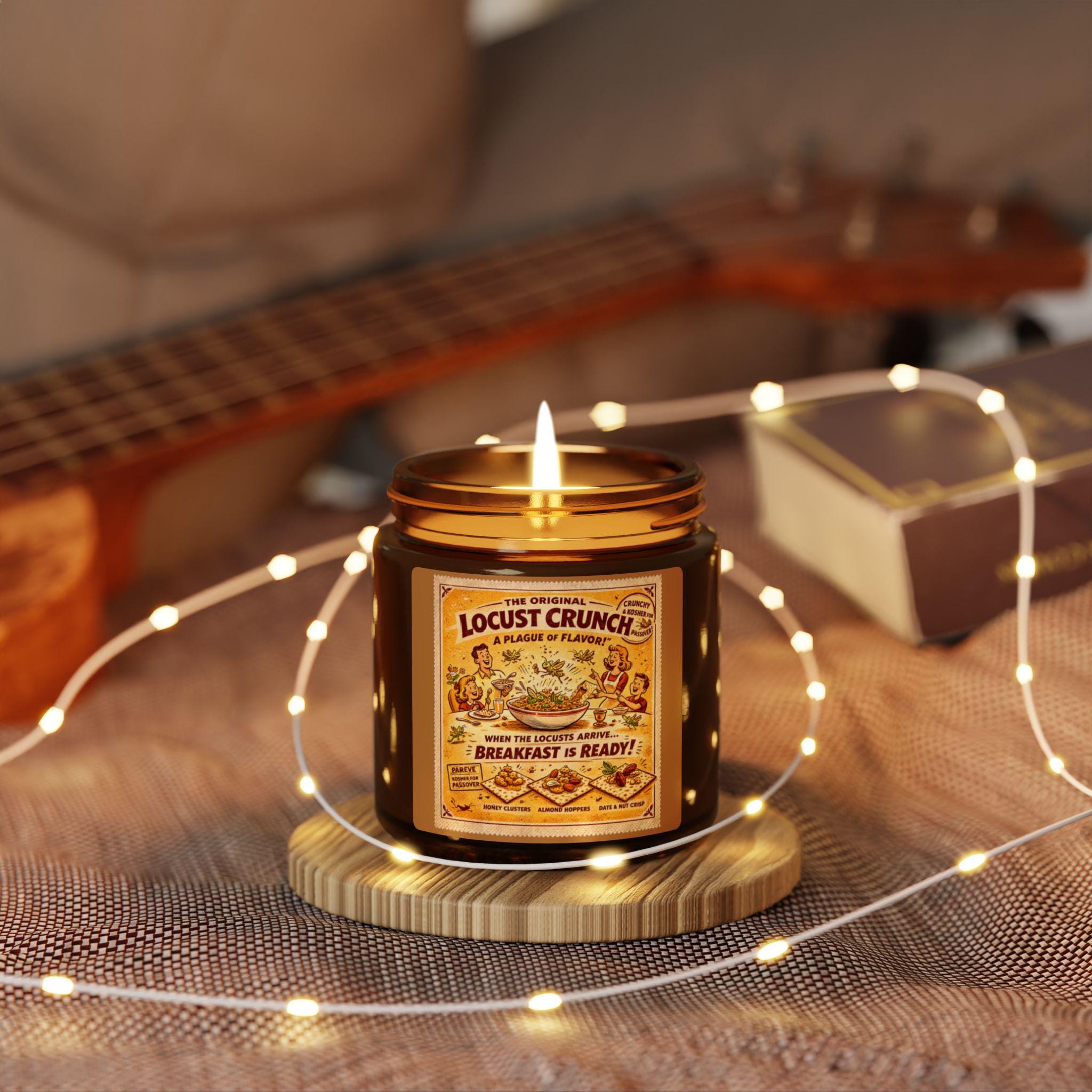 Locust Crunch Soy Candle, Vintage Passover Label, Amber Glass Judaica Home Fragrance