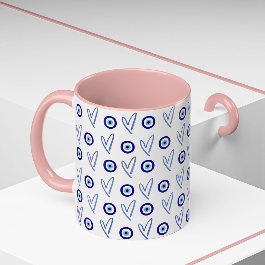 Evil Eye Heart Coffee Mug, Blue Ceramic Tea Cup, Jewish Kitchen Gift, Modern Judaica Drinkware, 11oz 15oz