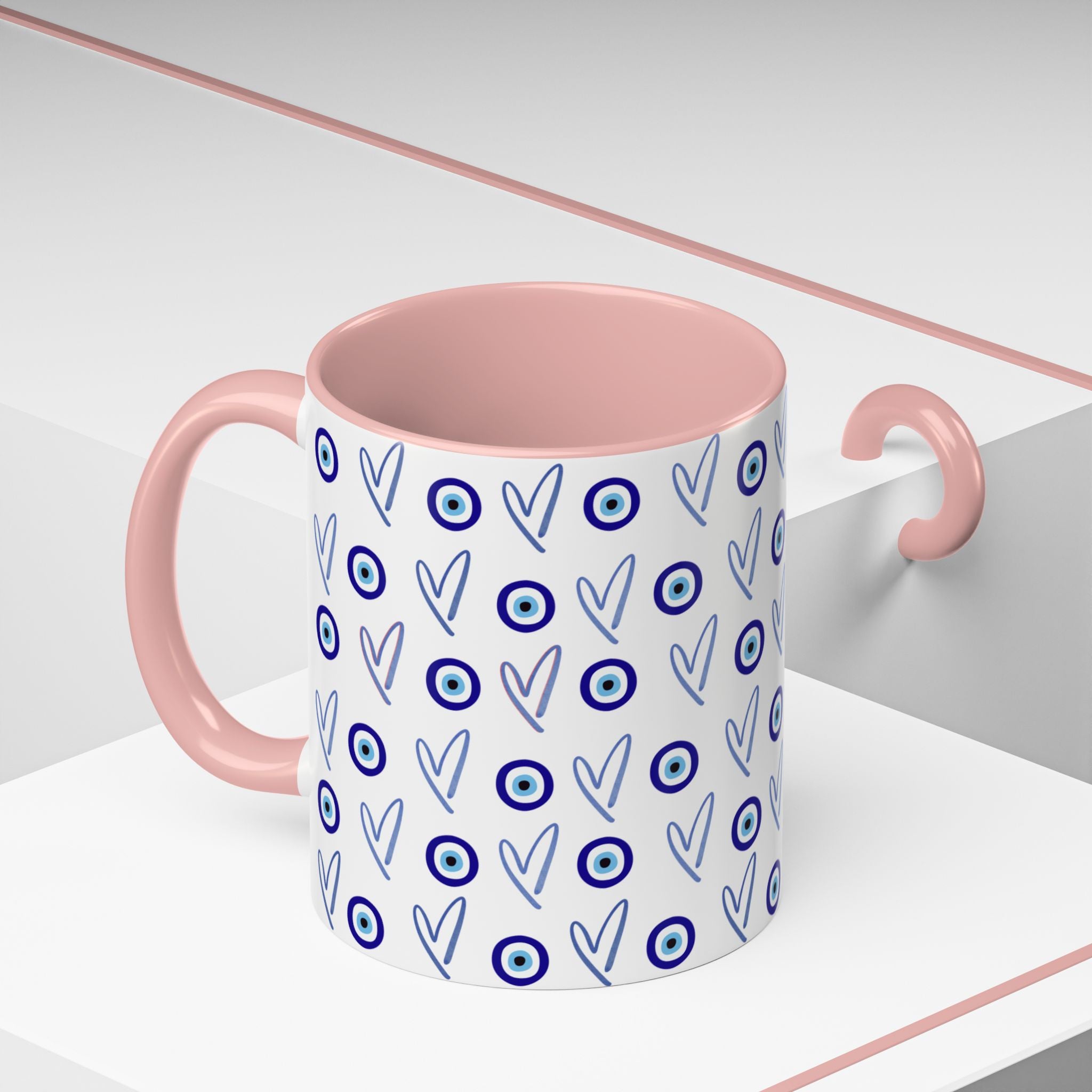 Evil Eye Heart Coffee Mug, Blue Ceramic Tea Cup, Jewish Kitchen Gift, Modern Judaica Drinkware, 11oz 15oz