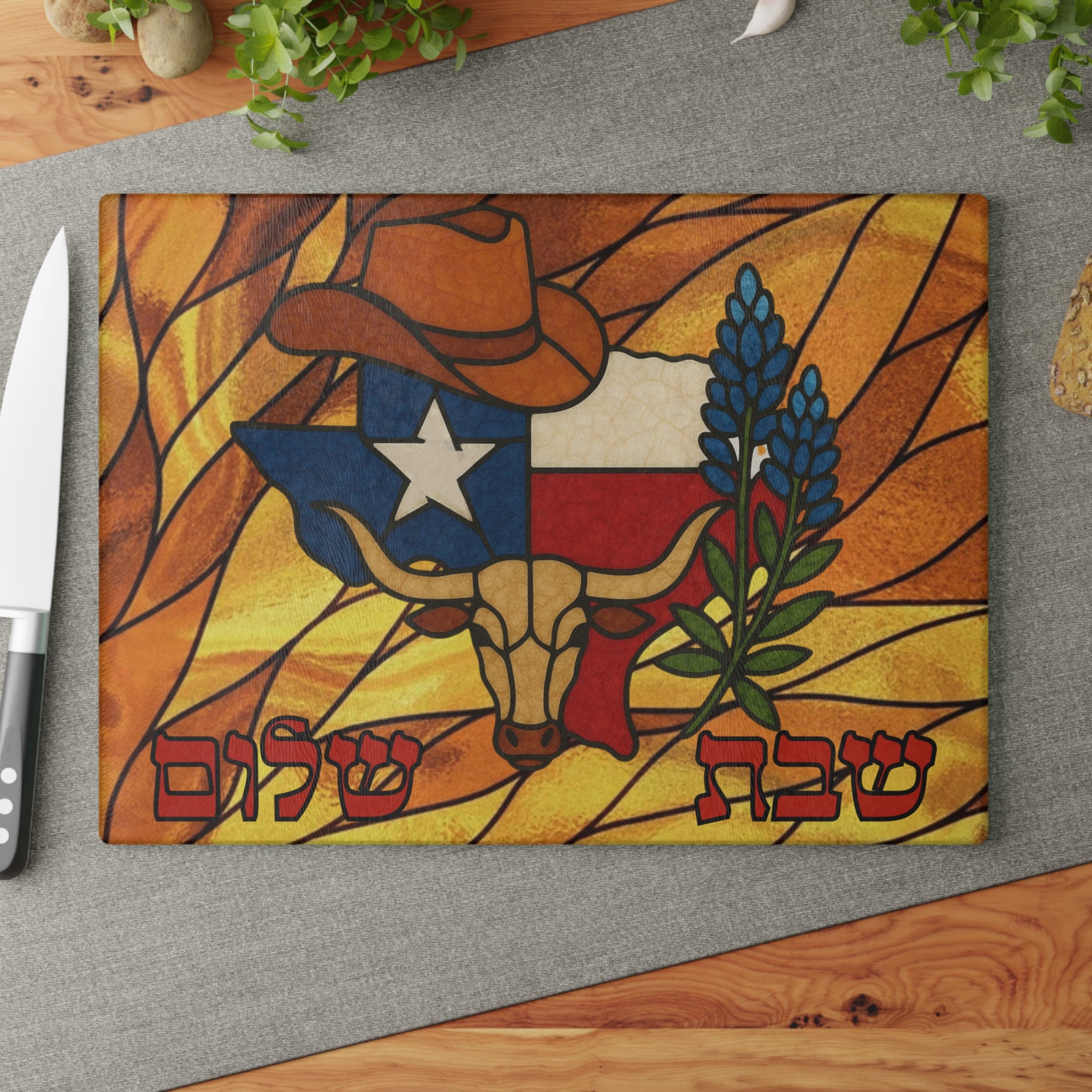 Texas Challah Board Stained Glass Shabbat Tray, 15x11 State Outline Judaica, Jewish Lone Star Wedding Gift