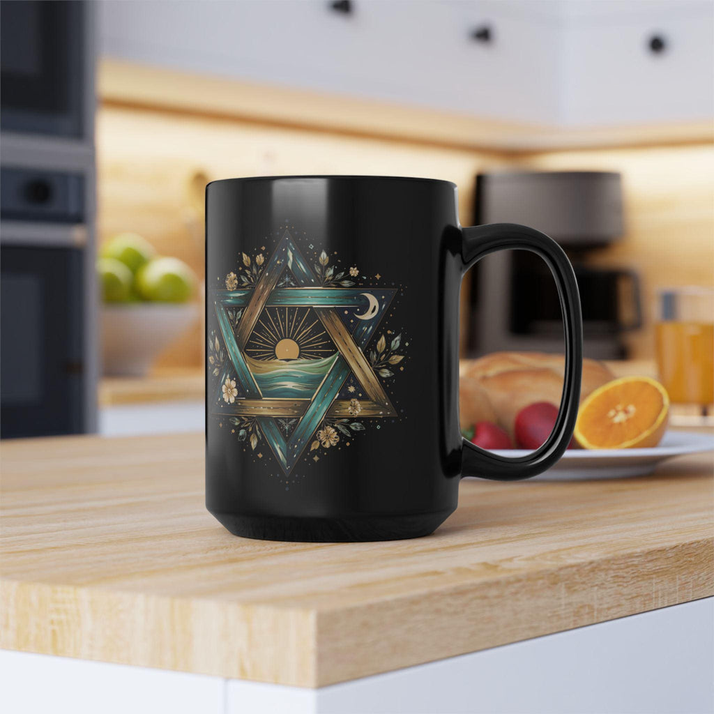 Star of David Sunrise Mug, Ocean Jewish Symbol Black Ceramic Coffee Cup
