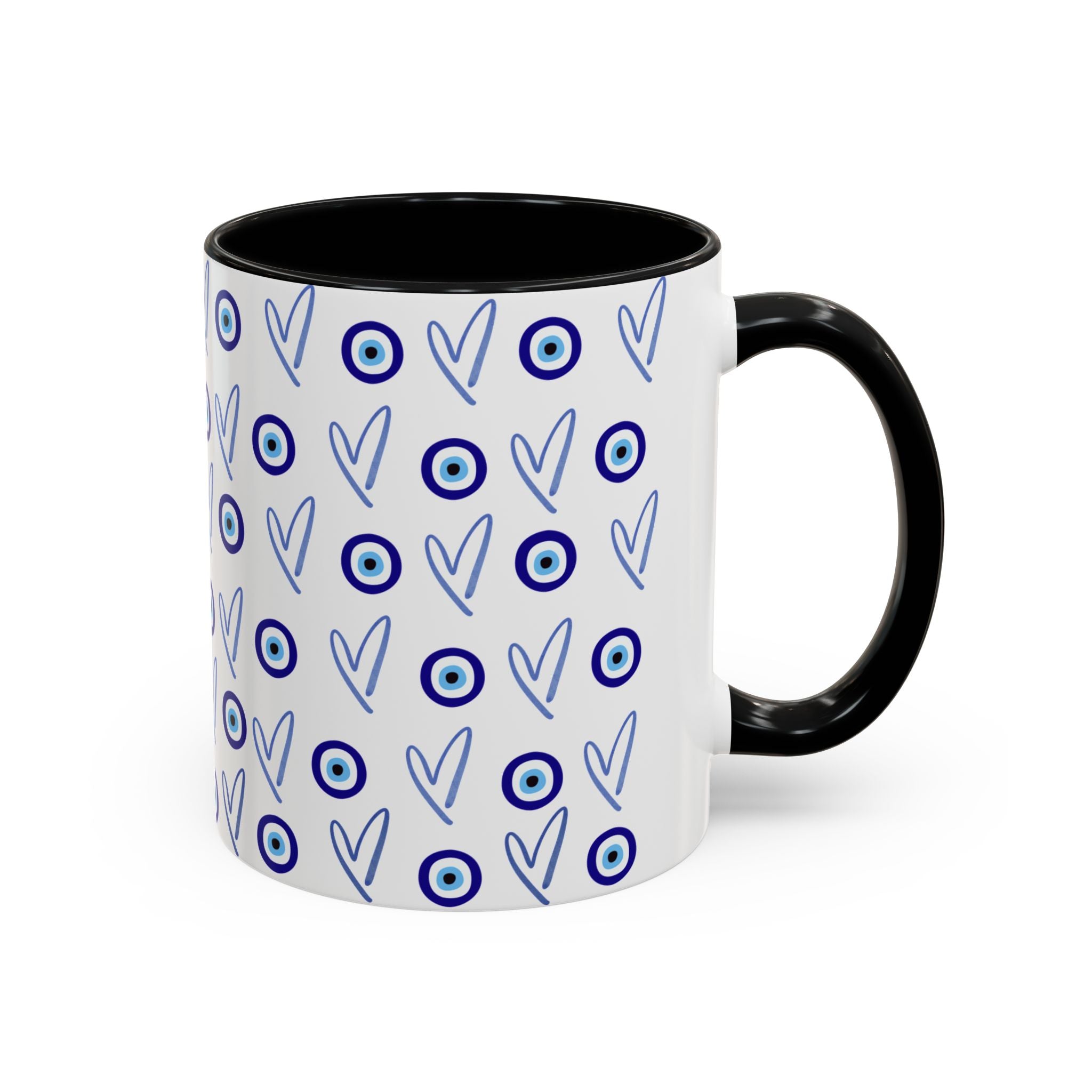 Evil Eye Heart Coffee Mug, Blue Ceramic Tea Cup, Jewish Kitchen Gift, Modern Judaica Drinkware, 11oz 15oz