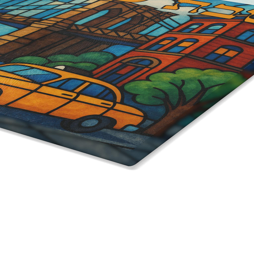Brooklyn Challah Board, Stained Glass NYC Shabbat Tray, Brooklyn Bridge Taxi