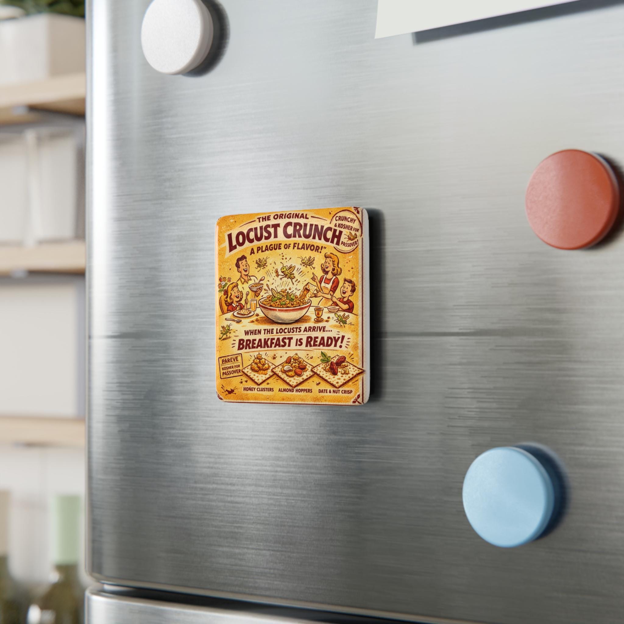 Passover Locust Crunch Cereal Magnet, Retro Pesach Kitchen Decor, Jewish Seder Humor Fridge Art