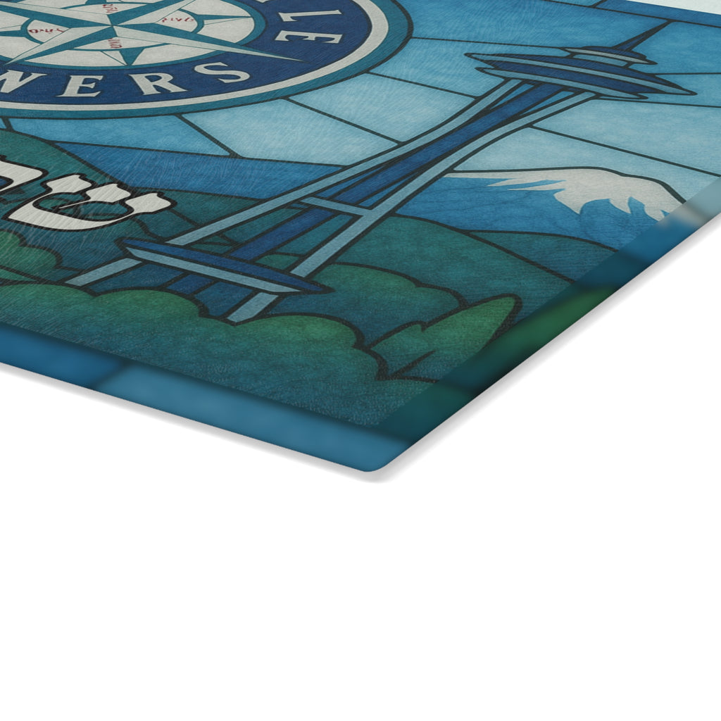 Seattle Mariners Challah Board Stained Glass MLB Judaica, 15x11 Tempered Glass Shabbat Tray, Jewish Baseball Fan Gift