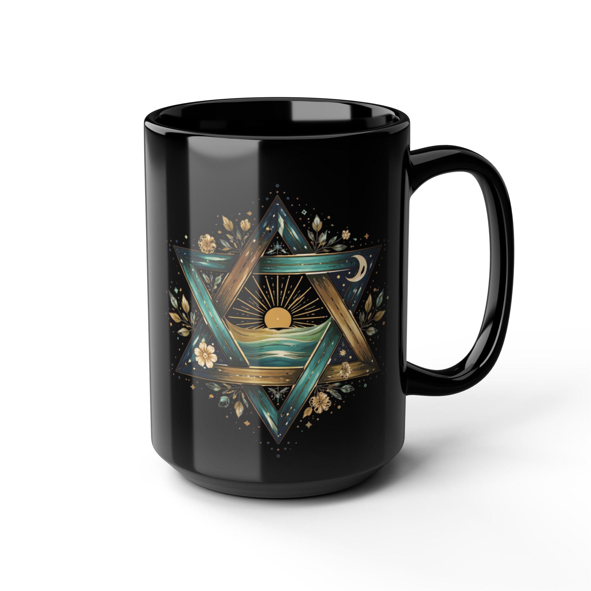 Star of David Sunrise Mug, Ocean Jewish Symbol Black Ceramic Coffee Cup