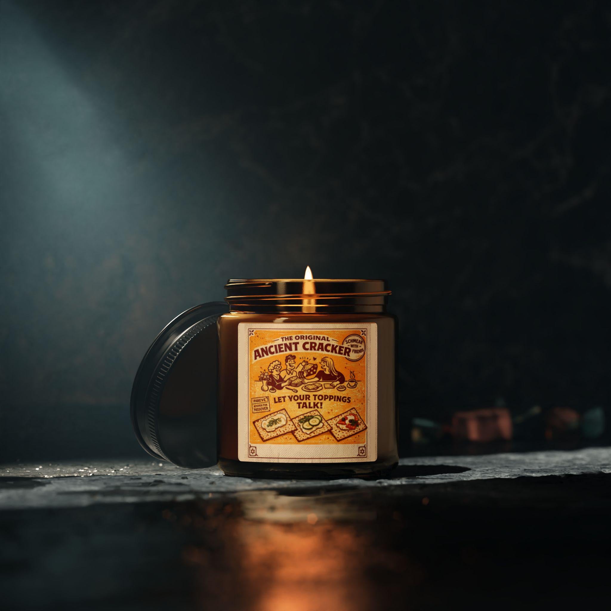 Vintage Cracker Label Soy Candle, Amber Jar, Judaica Kitchen Decor