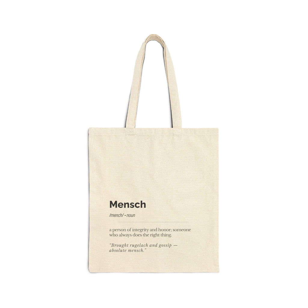 Mensch Definition Tote Bag Jewish Canvas Book Bag, Yiddish Humor Gift for Teacher Student, Eco Friendly Everyday Carry