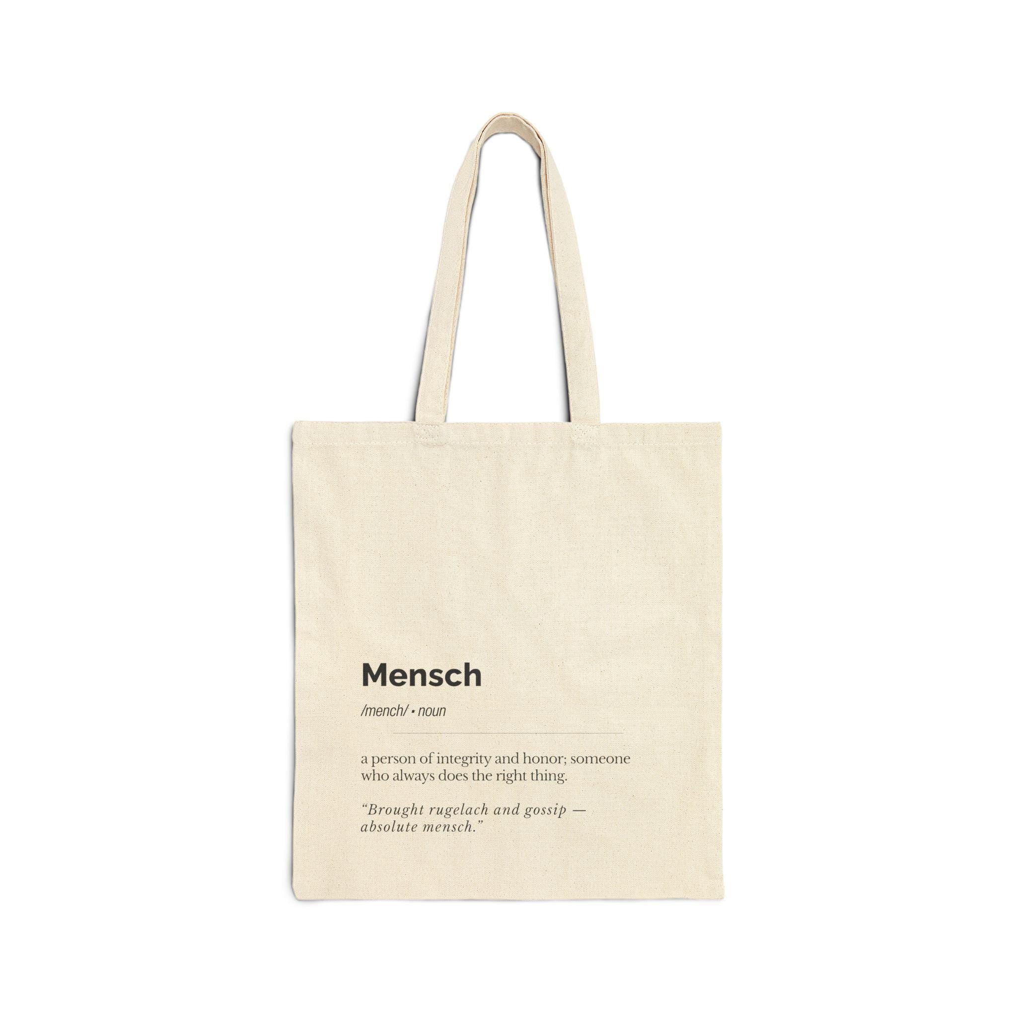 Mensch Definition Tote Bag Jewish Canvas Book Bag, Yiddish Humor Gift for Teacher Student, Eco Friendly Everyday Carry