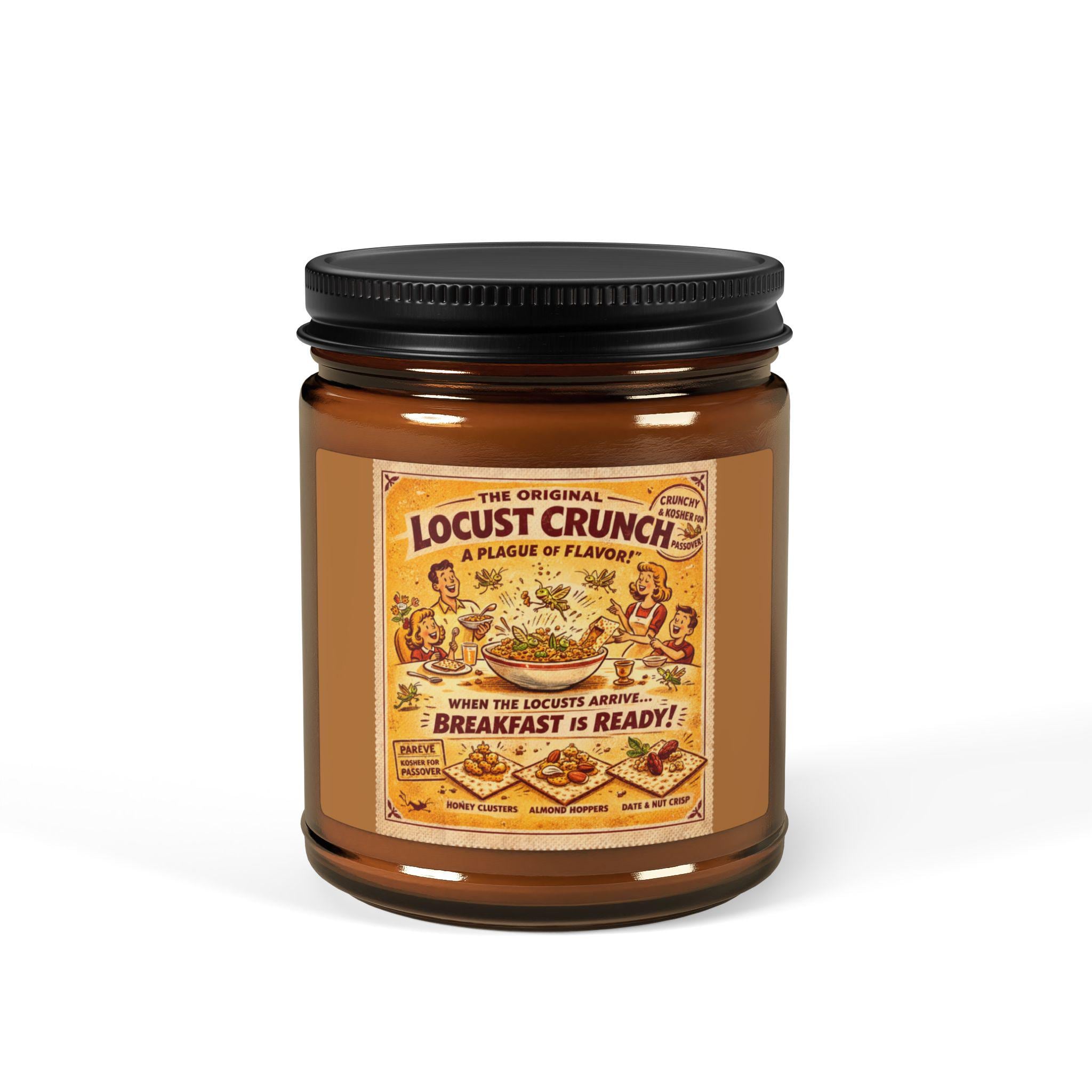 Locust Crunch Soy Candle, Vintage Passover Label, Amber Glass Judaica Home Fragrance