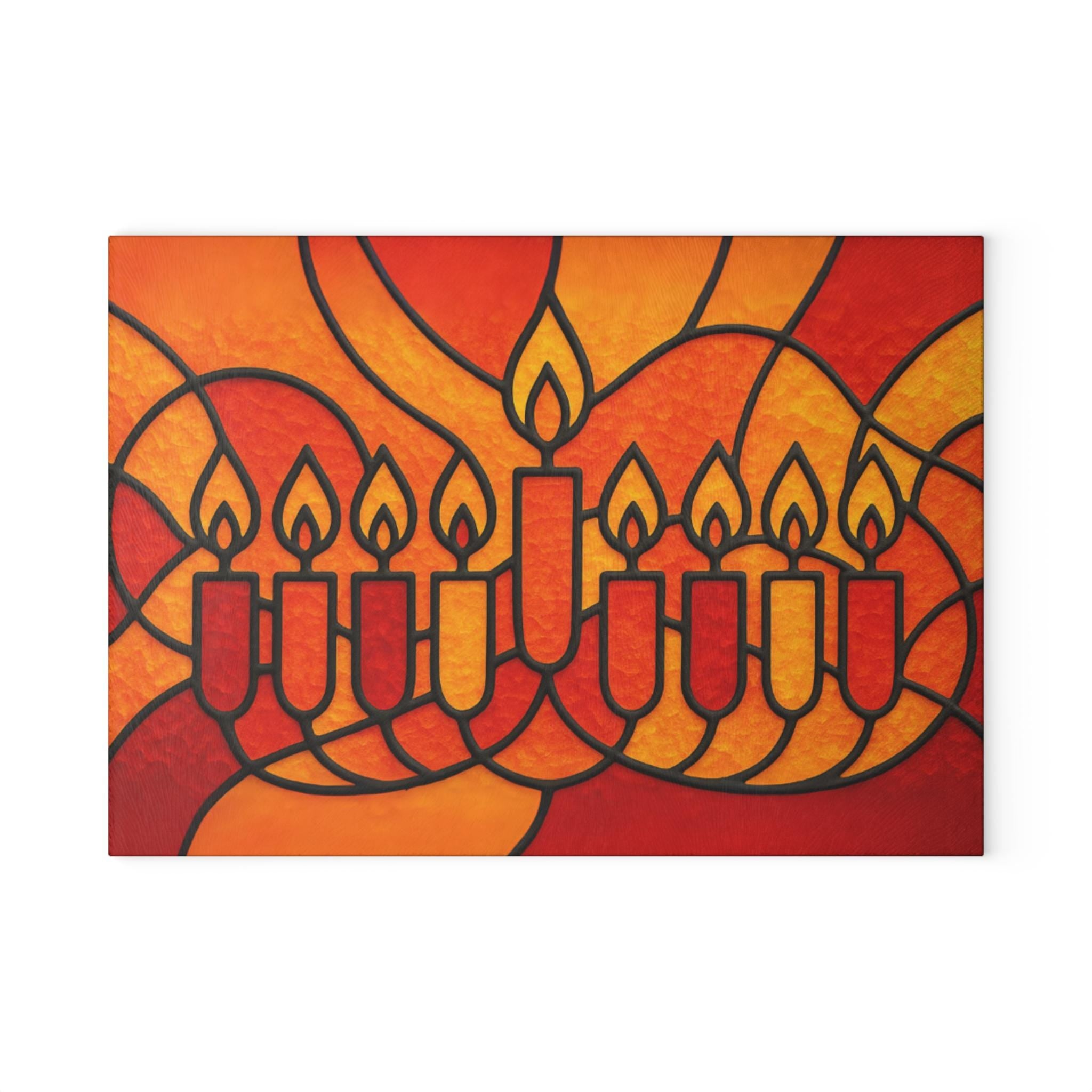Orange Stained Glass Hanukkah Menorah Drip Tray, Tempered Glass Wax Catcher (8x11