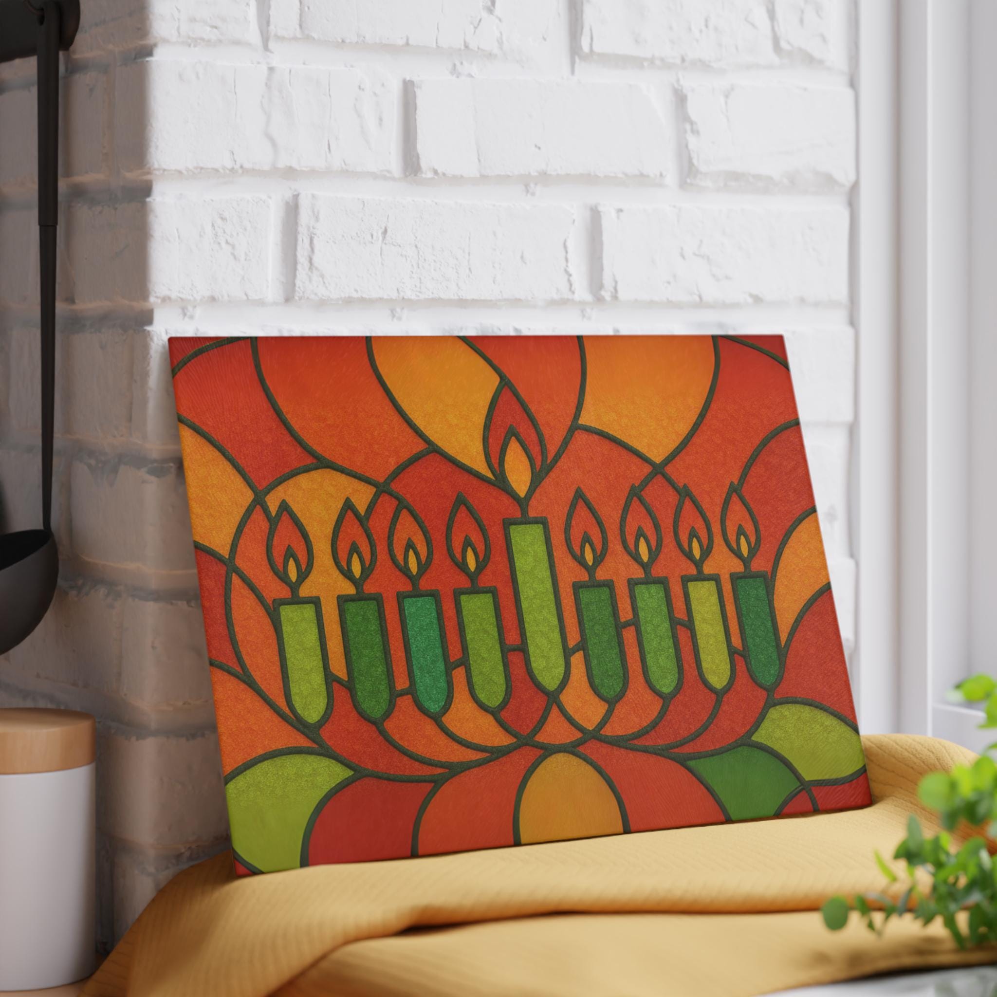Stained Glass Style Hanukkah Menorah Drip Tray, Tempered Glass Judaica (8x11" )