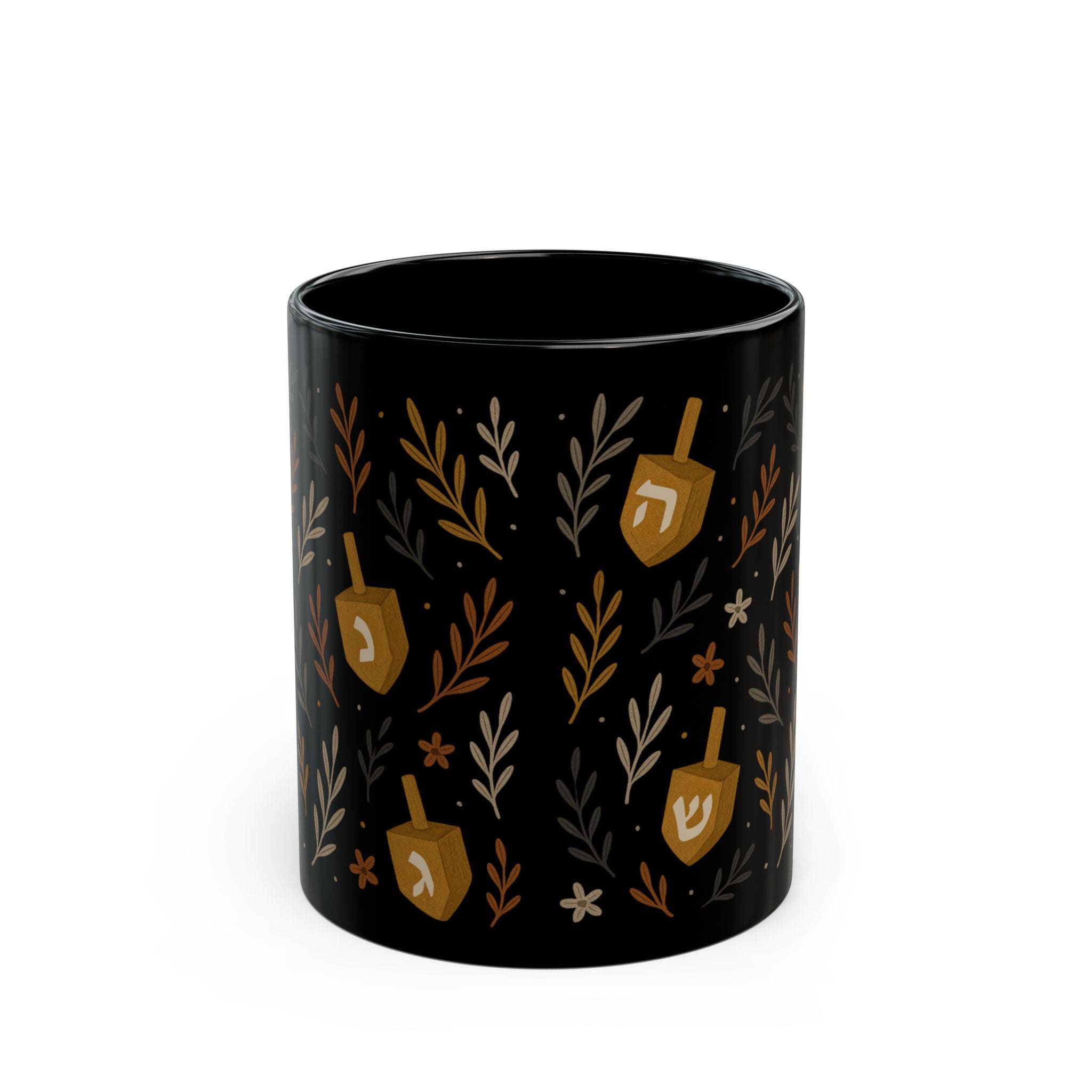 Floral Dreidel Mug, Black Ceramic Hanukkah Coffee Cup (11oz or 15oz)
