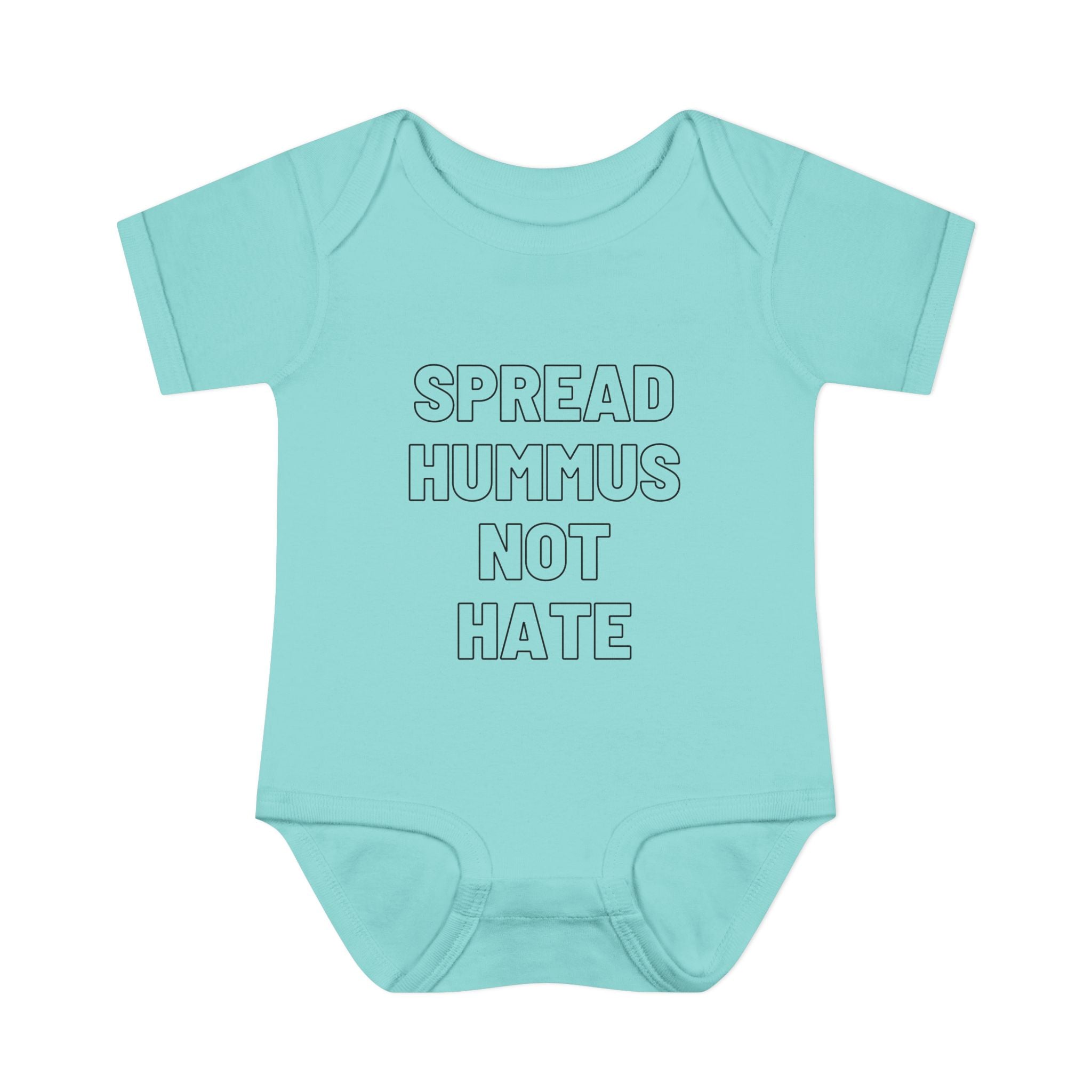 Spread Hummus Not Hate Baby Onesie Funny Jewish Infant Bodysuit, Foodie Humor Baby Shower Gift