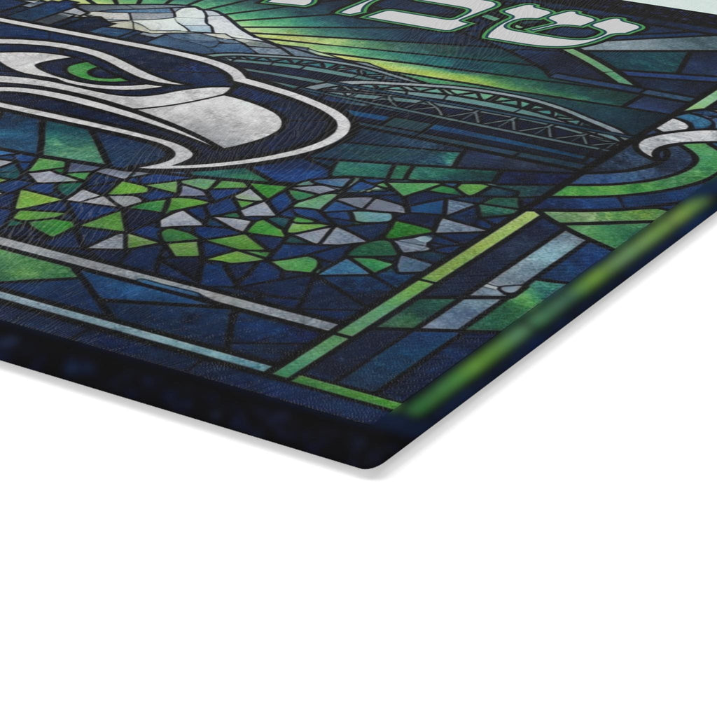 Seattle Seahawks Challah Board, Stained Glass Style Tempered Glass Judaica Tray