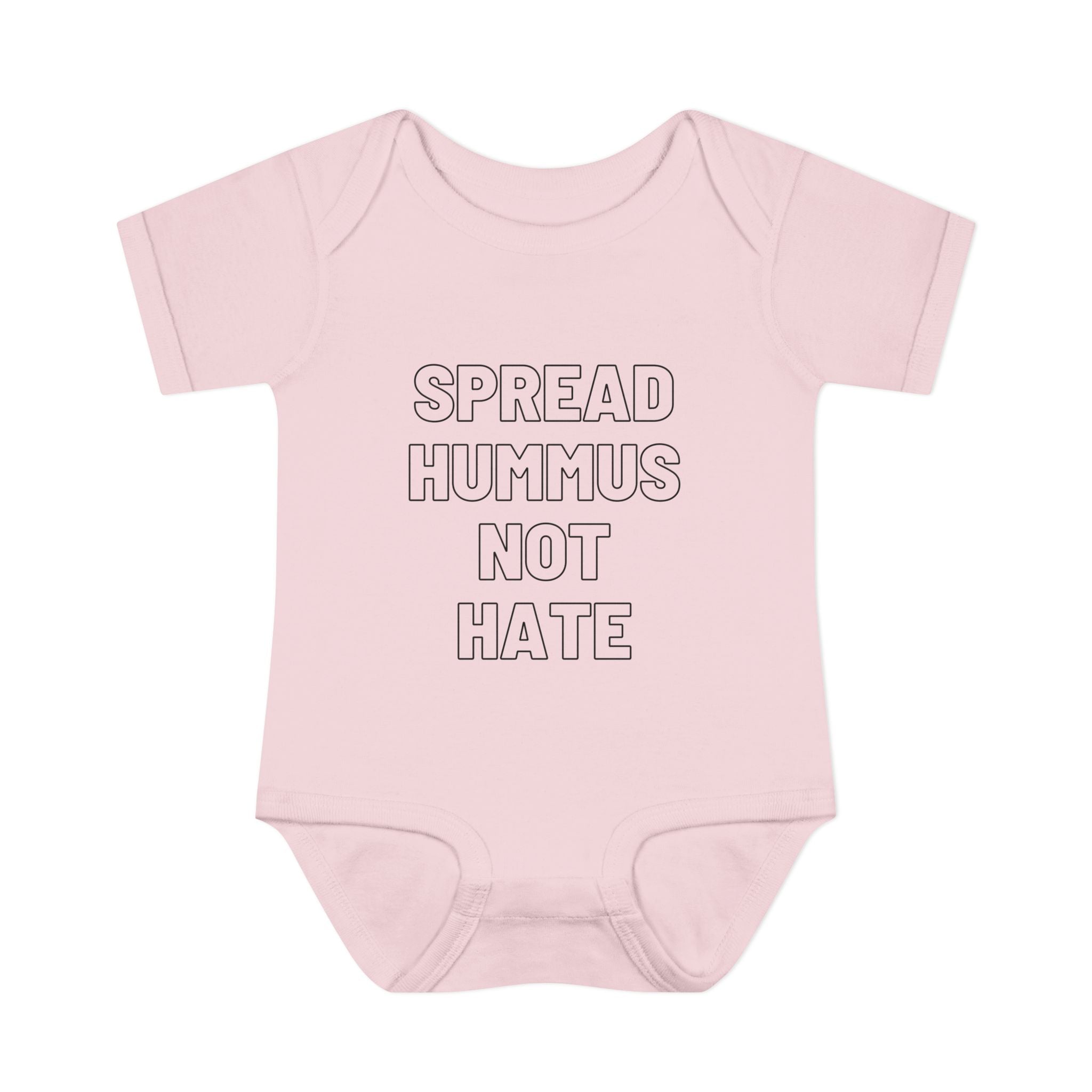 Spread Hummus Not Hate Baby Onesie Funny Jewish Infant Bodysuit, Foodie Humor Baby Shower Gift