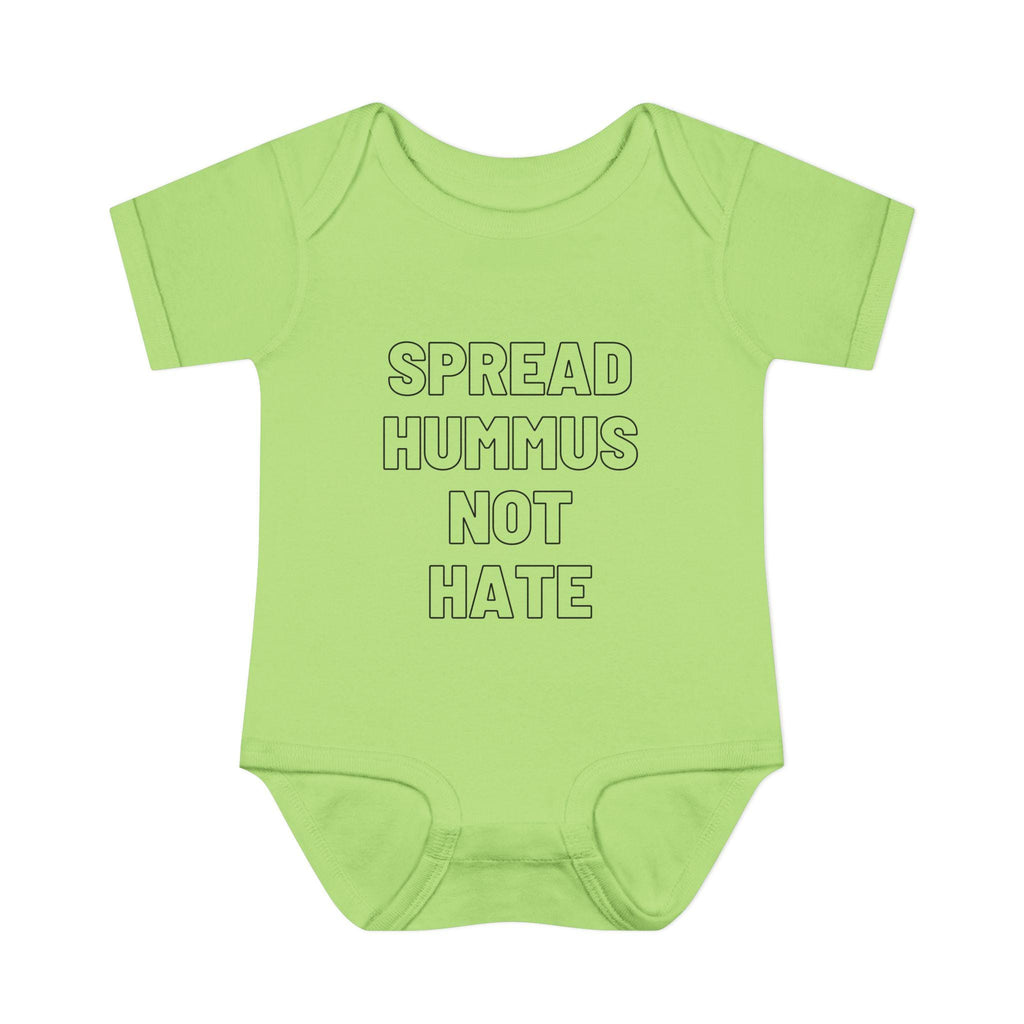 Spread Hummus Not Hate Baby Onesie Funny Jewish Infant Bodysuit, Foodie Humor Baby Shower Gift