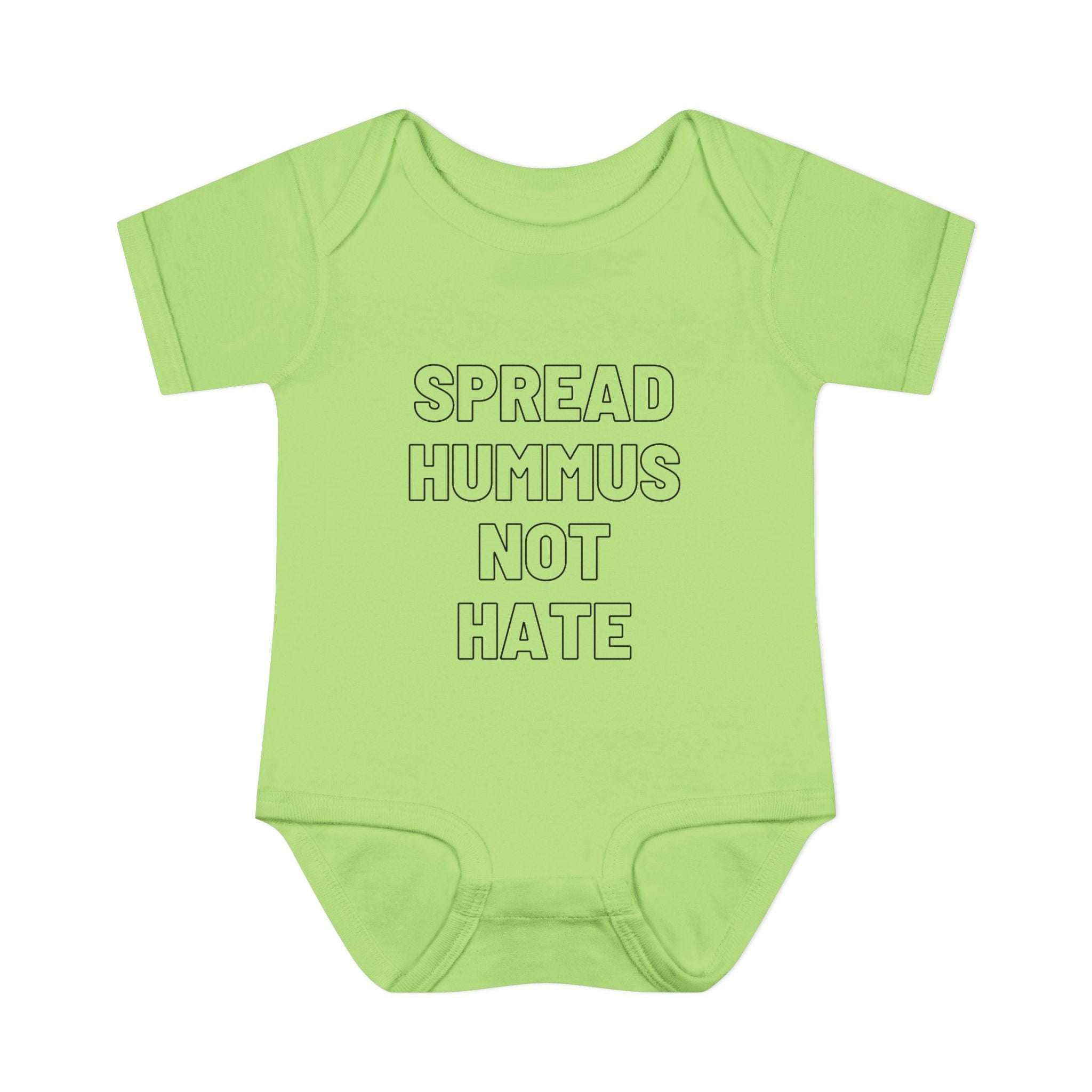 Spread Hummus Not Hate Baby Onesie Funny Jewish Infant Bodysuit, Foodie Humor Baby Shower Gift