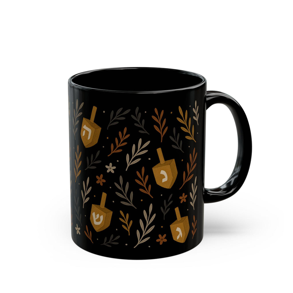 Floral Dreidel Mug, Black Ceramic Hanukkah Coffee Cup (11oz or 15oz)