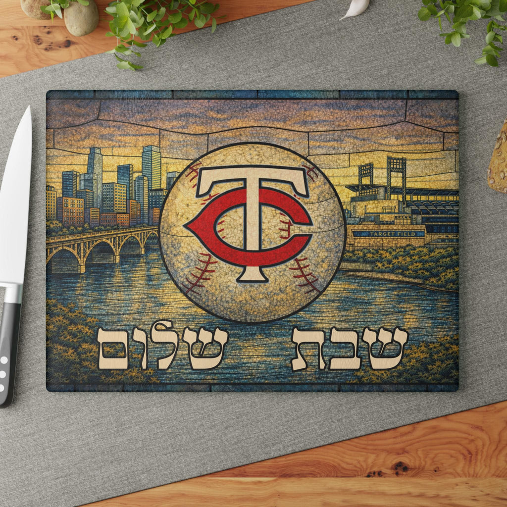 Minnesota Twins Challah Board Stained Glass Shabbat Tray, 15x11 Jewish Baseball Wedding Gift