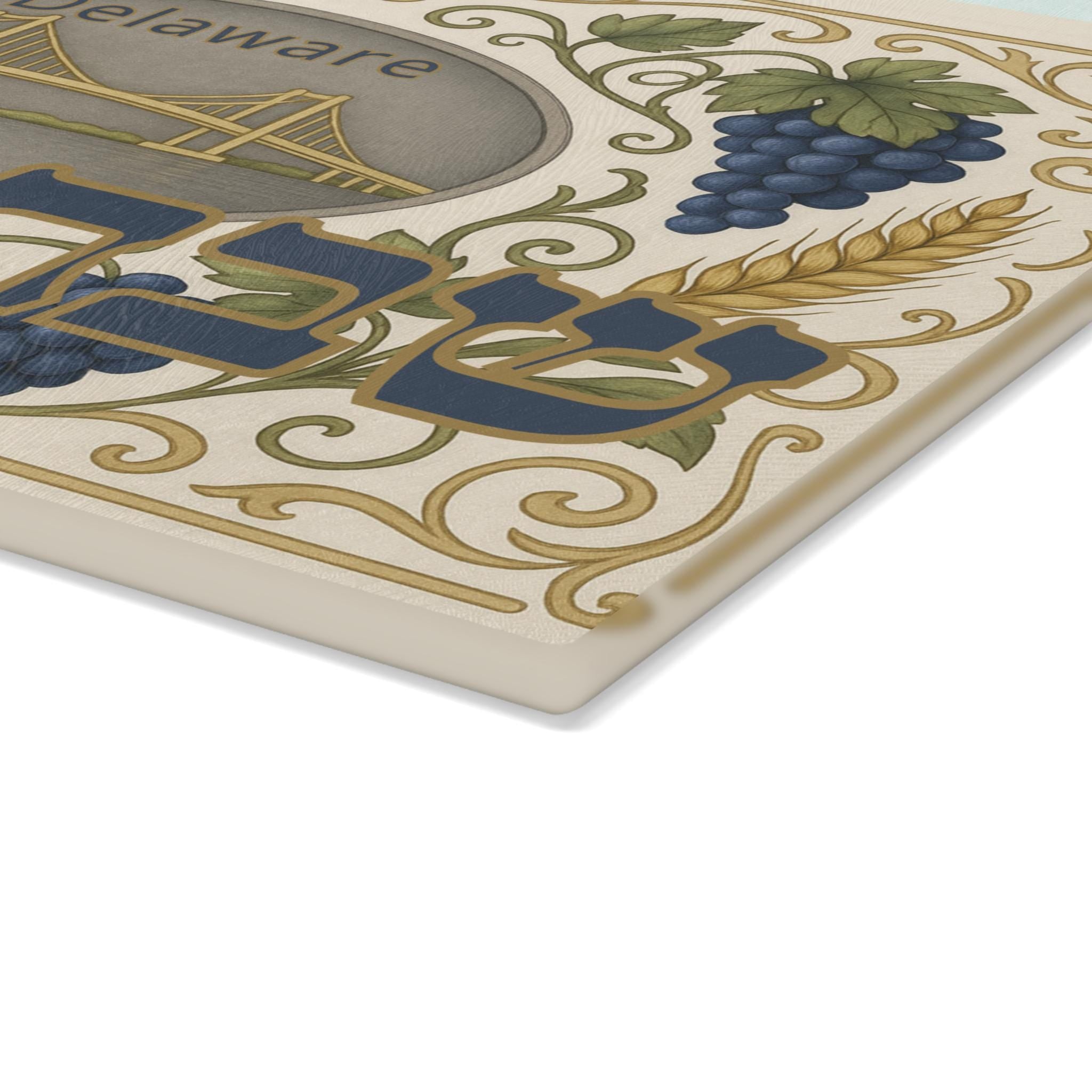 Delaware Challah Plate, Tempered Glass Shabbat Board, Grapes Wheat Bridge Design