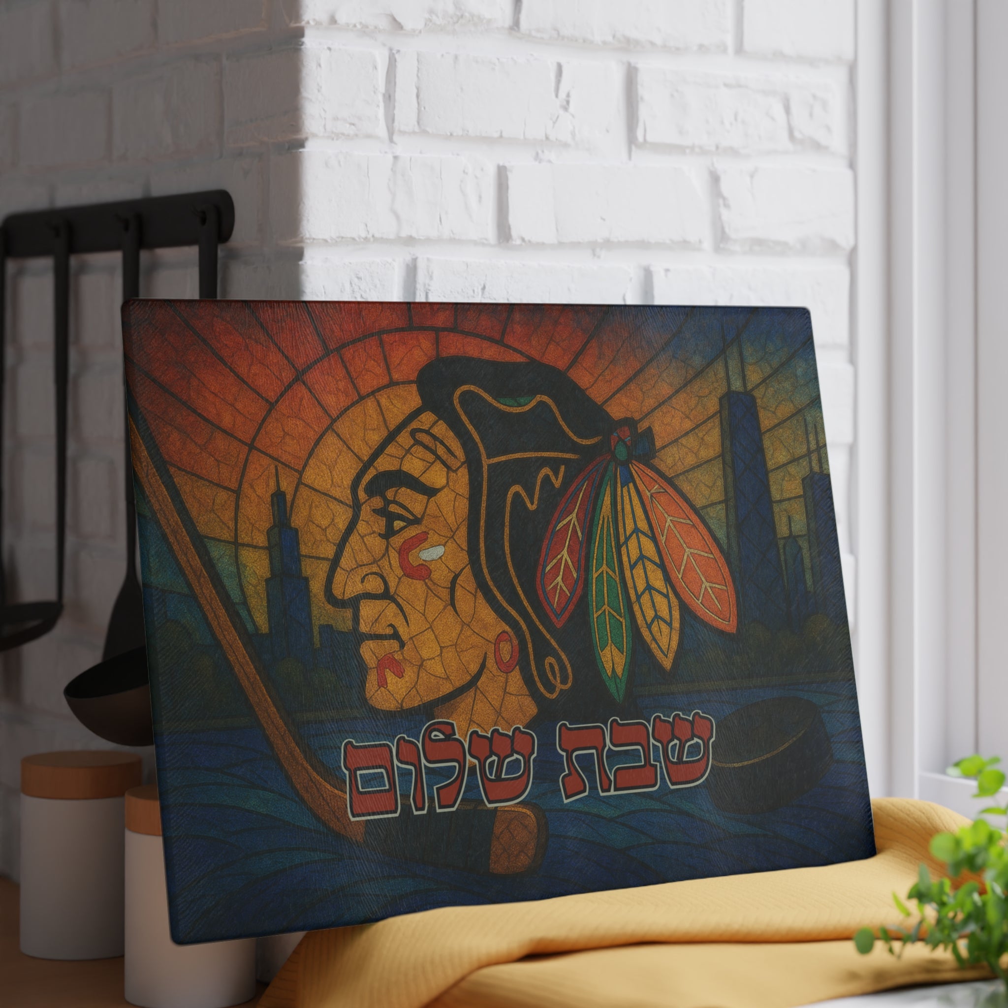 Chicago Blackhawks Challah Board Stained Glass Shabbat Tray, 15x11 Hockey Judaica, Jewish Chicago Wedding Gift