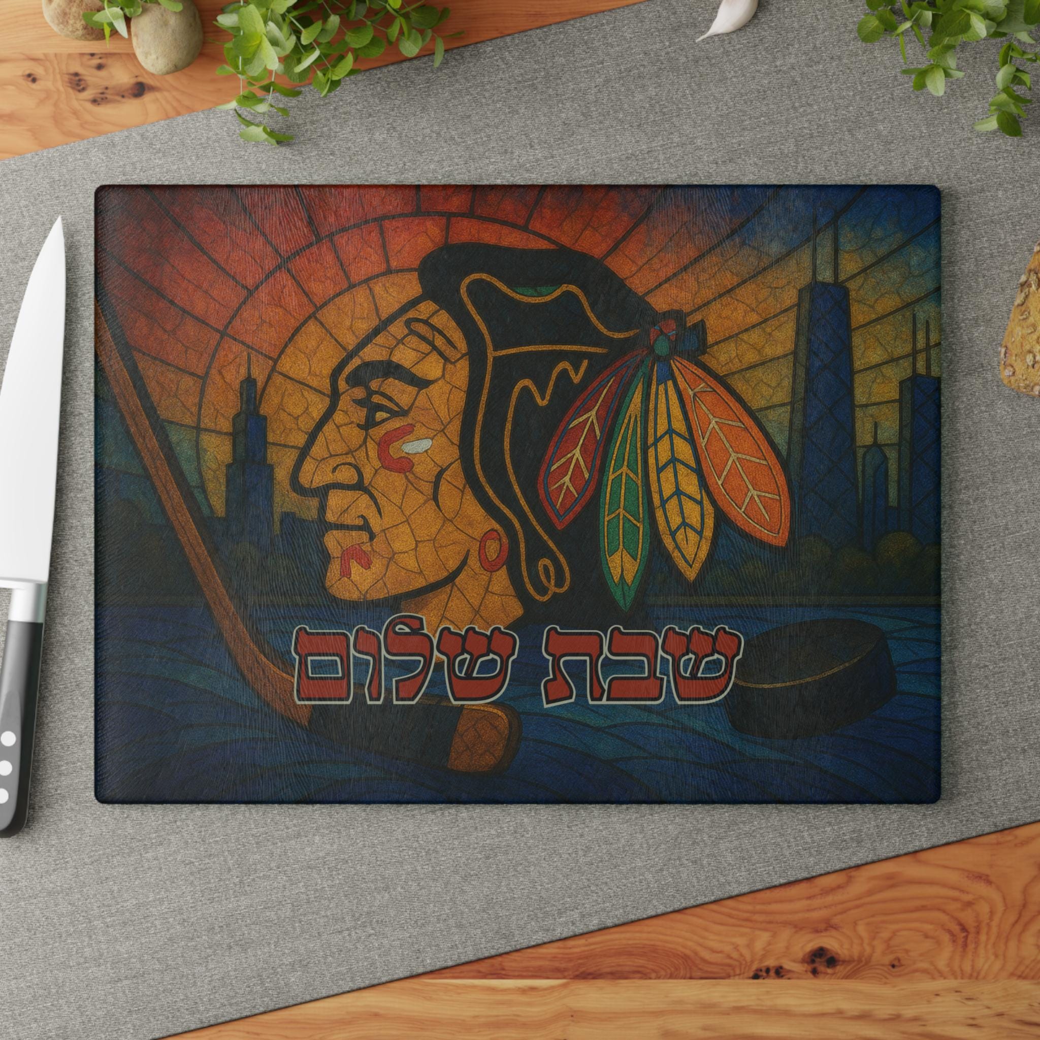 Chicago Blackhawks Stained Glass Challah Board, Hockey Shabbat Tray, Judaica Gift