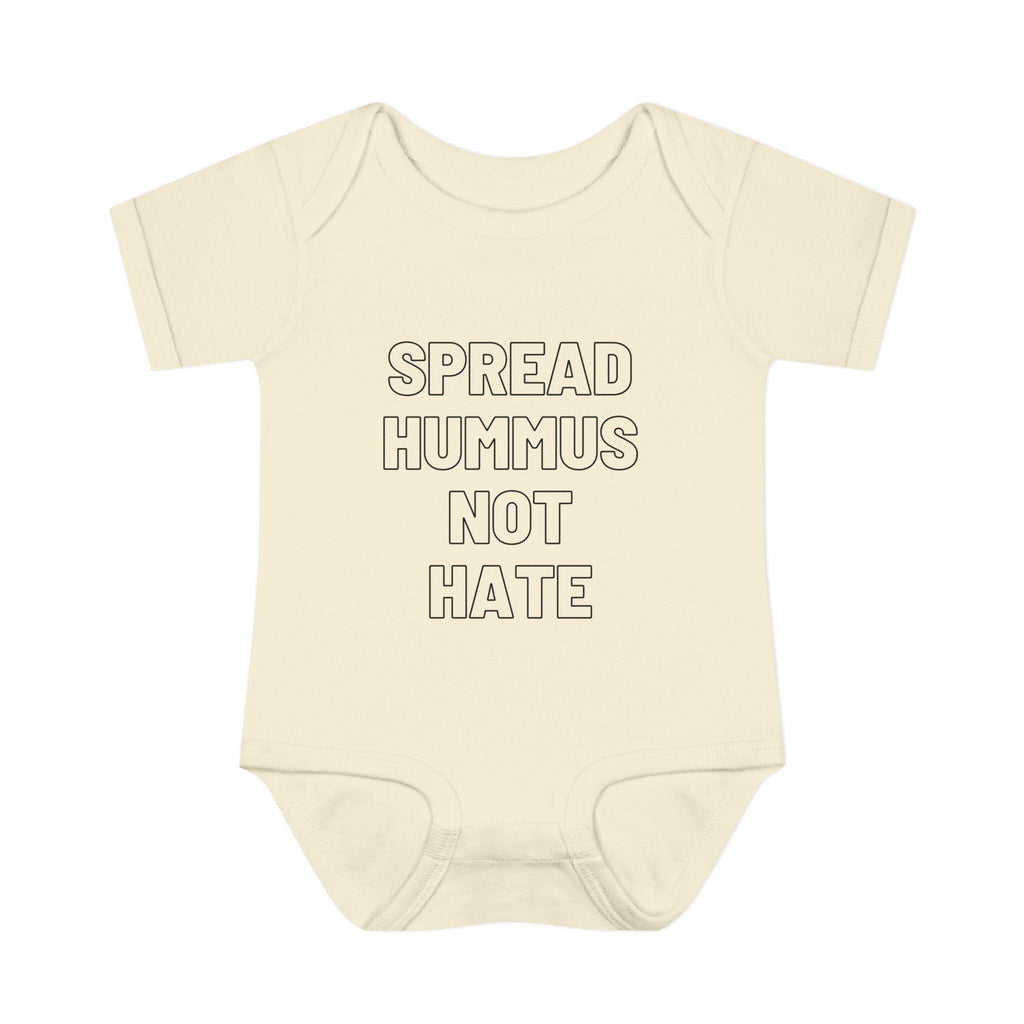 Spread Hummus Not Hate Baby Onesie Funny Jewish Infant Bodysuit, Foodie Humor Baby Shower Gift