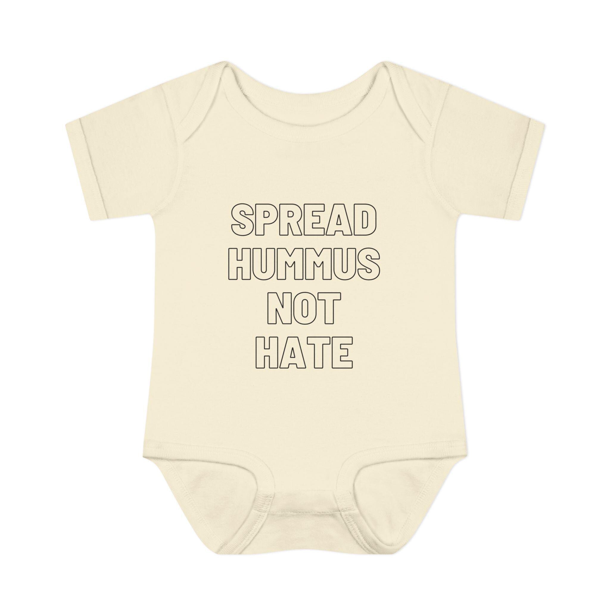 Spread Hummus Not Hate Baby Onesie Funny Jewish Infant Bodysuit, Foodie Humor Baby Shower Gift