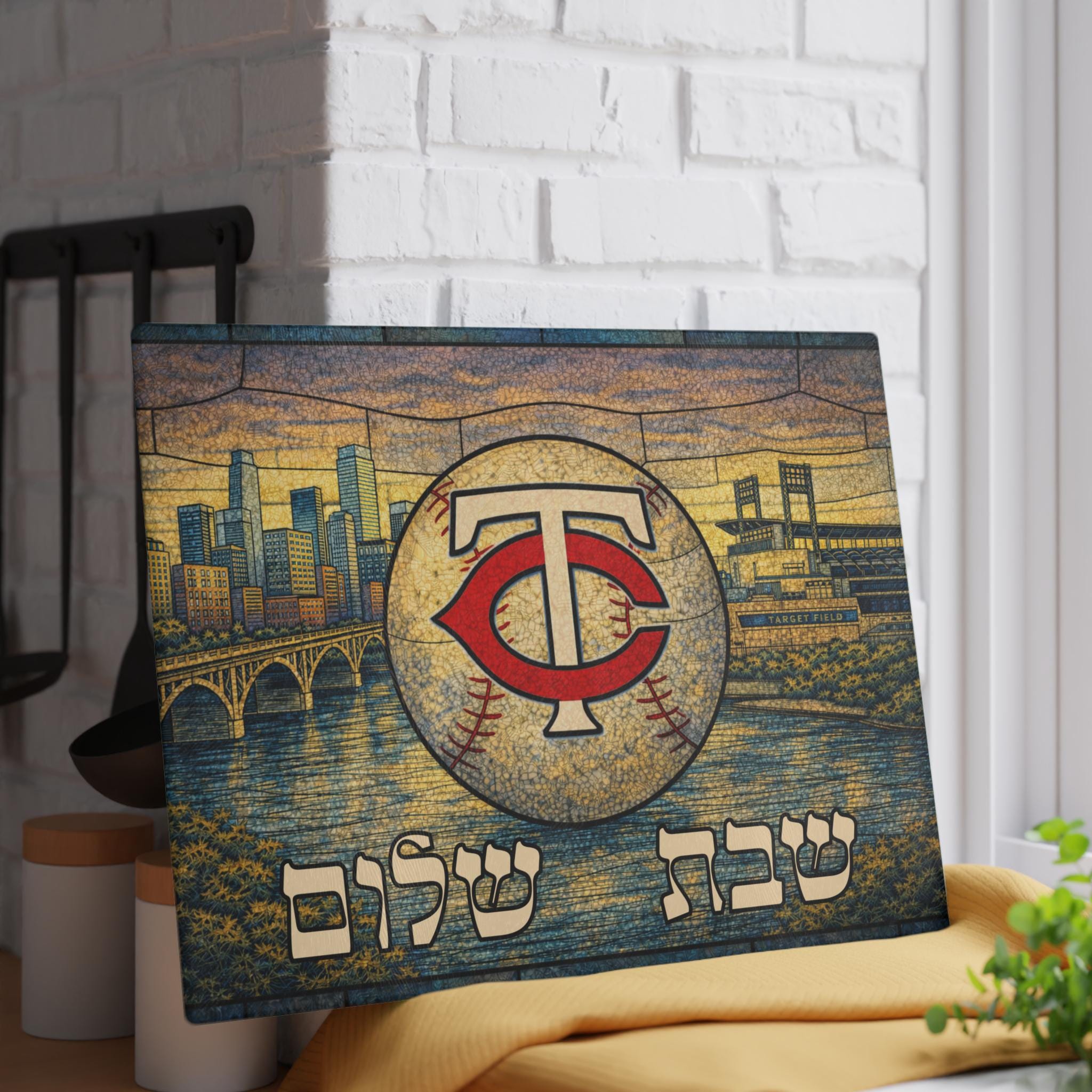Minnesota Twins Challah Board Stained Glass Shabbat Tray, 15x11 Jewish Baseball Wedding Gift