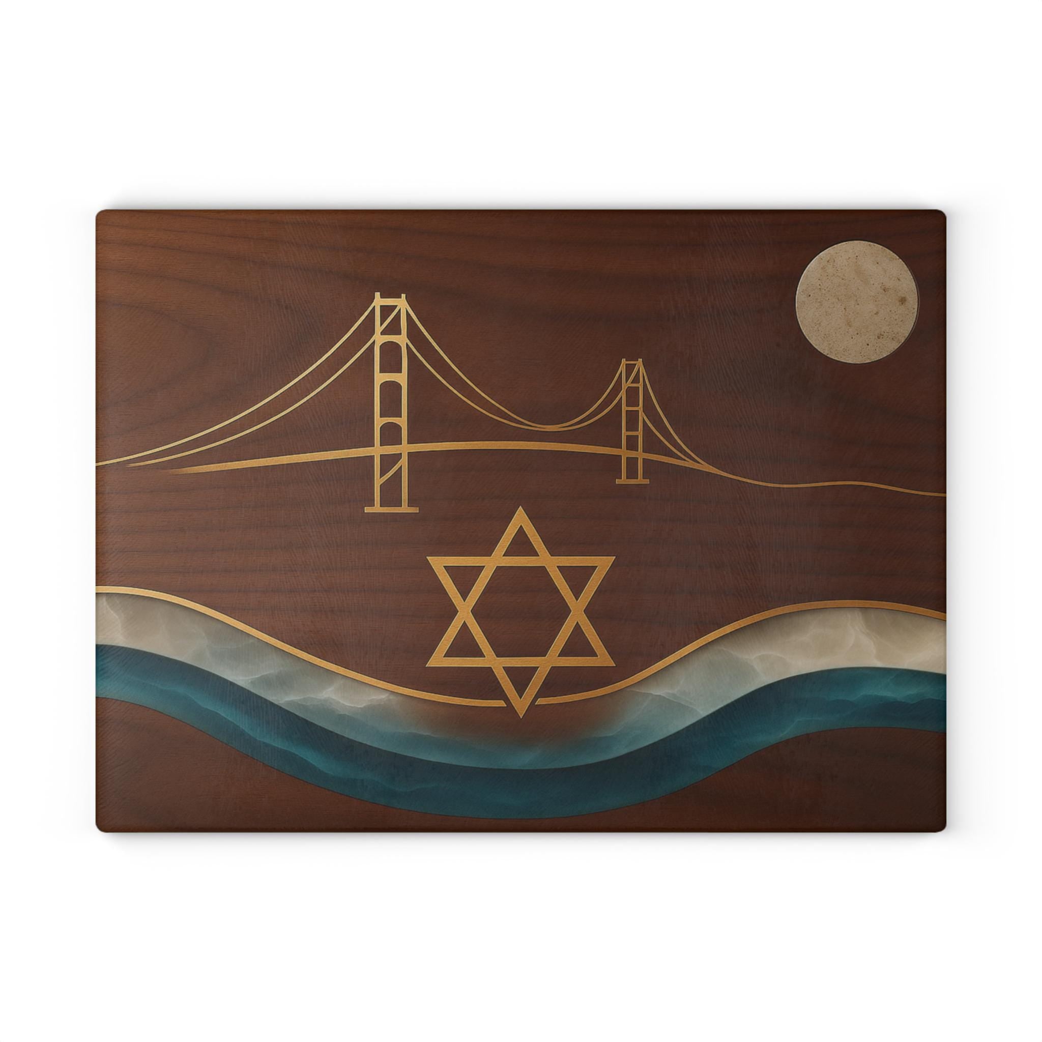 San Francisco Challah Board, Wood Look Shabbat Plate, Golden Gate Bridge Judaica