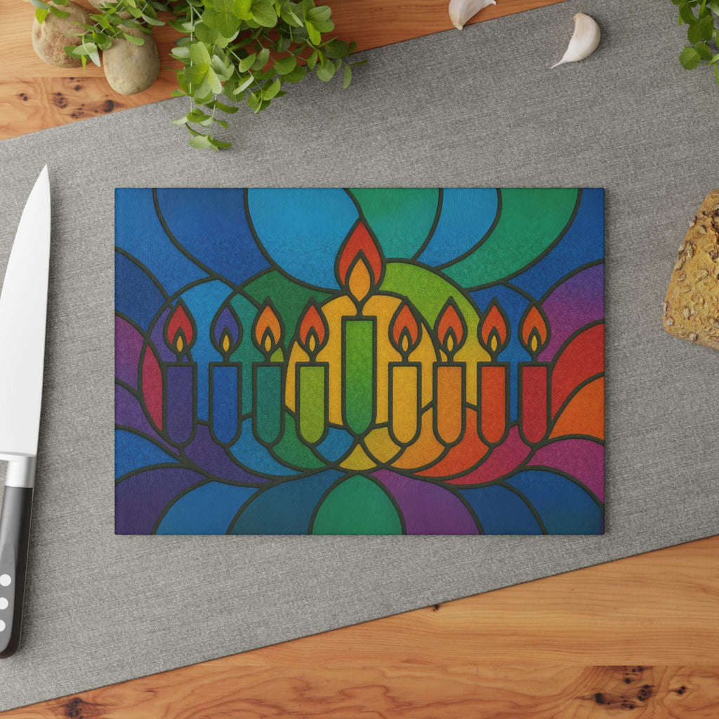 Rainbow Stained Glass Hanukkah Menorah Drip Tray, Tempered Glass Wax Catcher