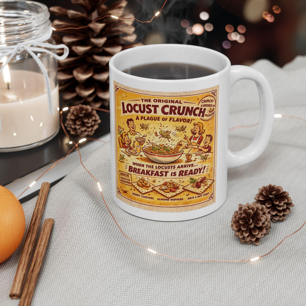Passover Locust Crunch Cereal Mug, Retro Jewish Humor Coffee Cup