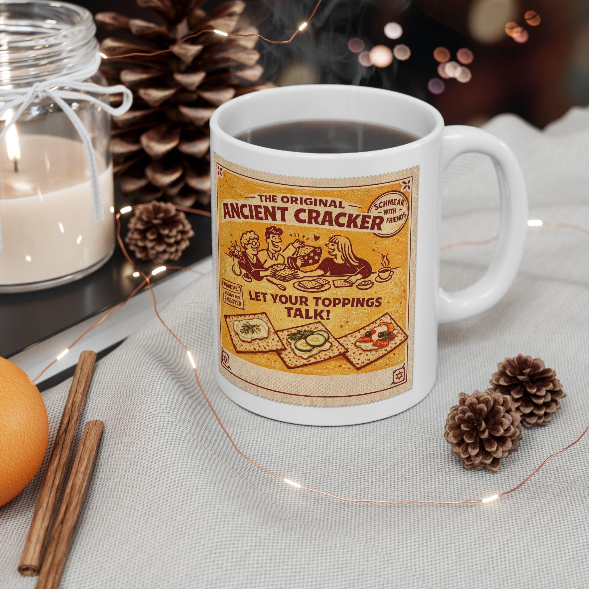 Vintage Ancient Cracker Illustration Mug, Retro Passover Coffee Cup
