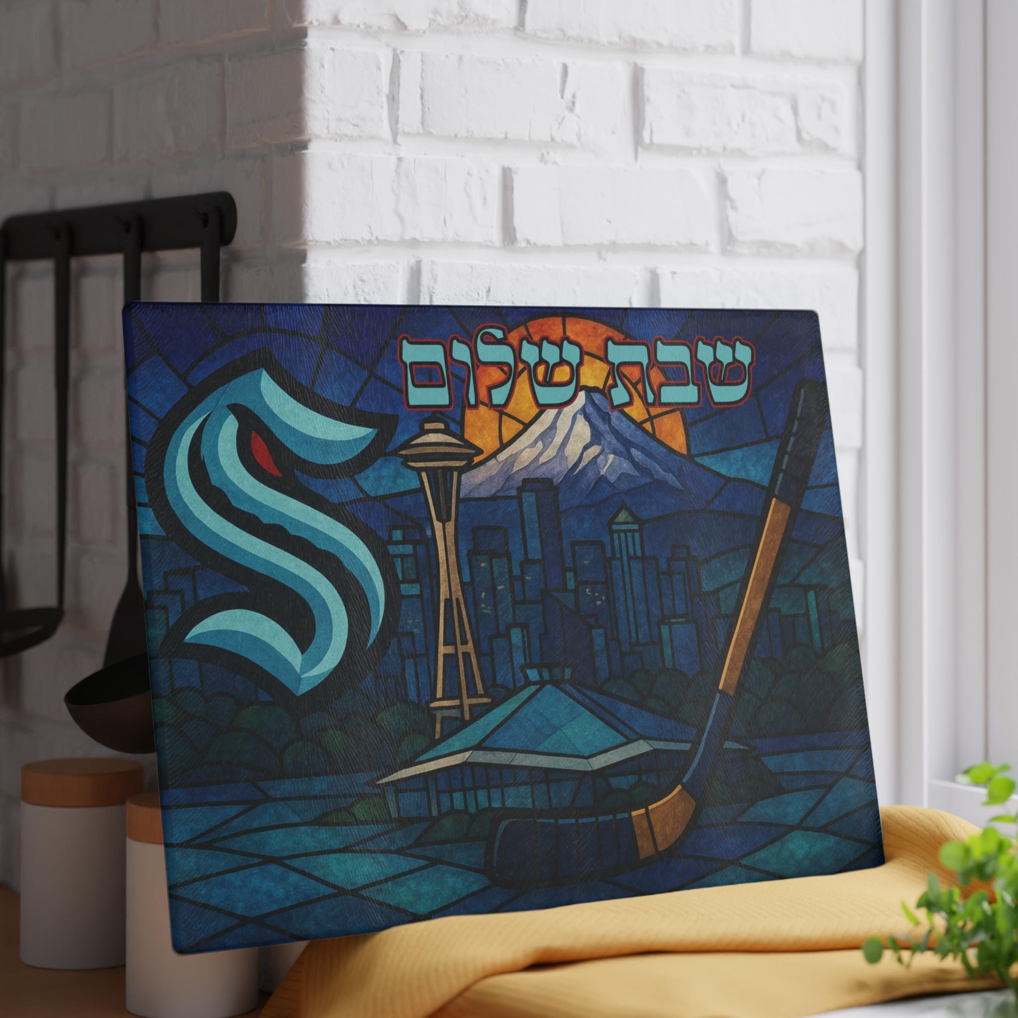 Seattle Kraken Challah Board Glass, Stained Glass Shabbat Tray with Arena and Skyline, Jewish Hockey Gift