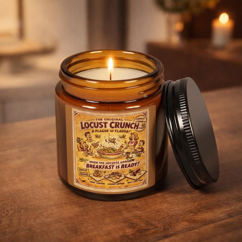 Locust Crunch Soy Candle, Vintage Passover Label, Amber Glass Judaica Home Fragrance