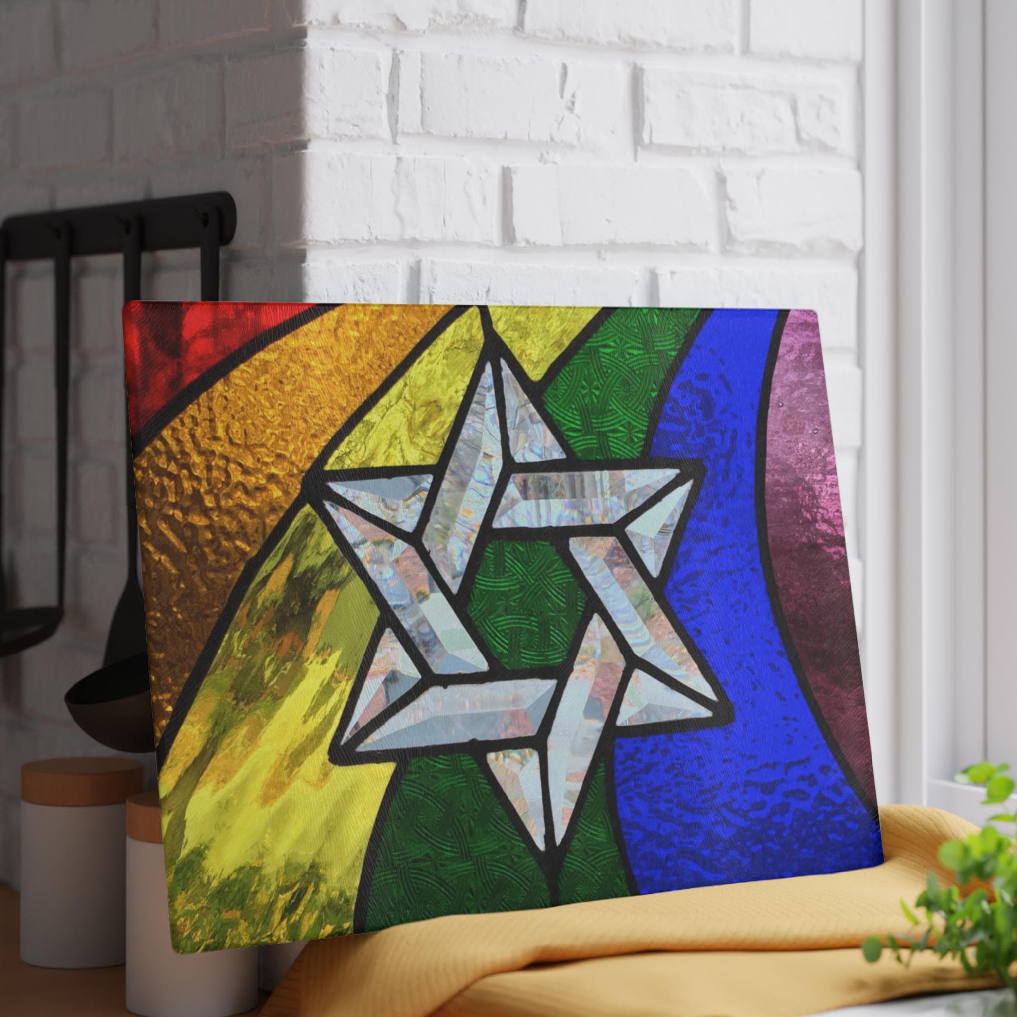 Rainbow Pride Challah Board, Stained Glass Star of David Shabbat Plate