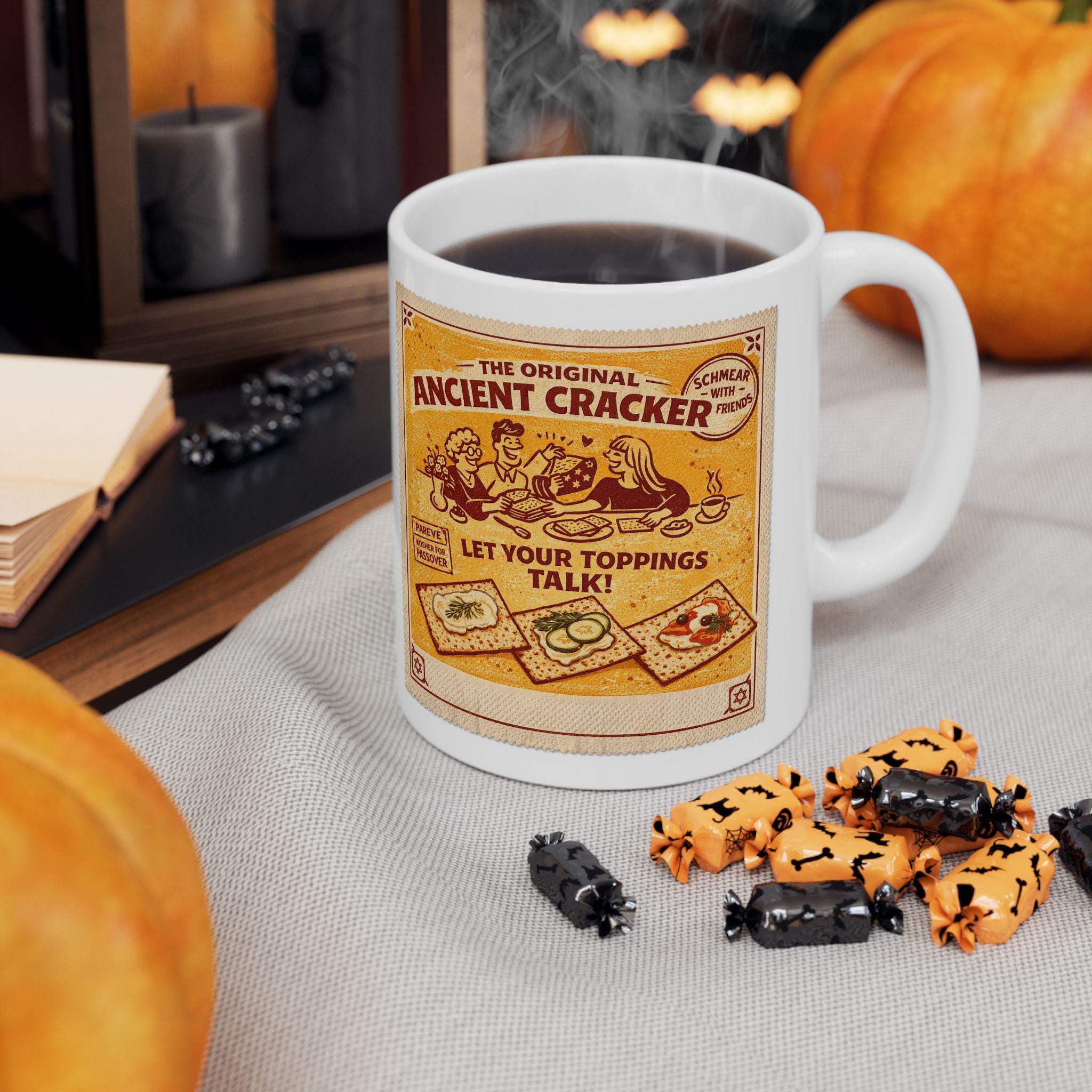 Vintage Ancient Cracker Illustration Mug, Retro Passover Coffee Cup