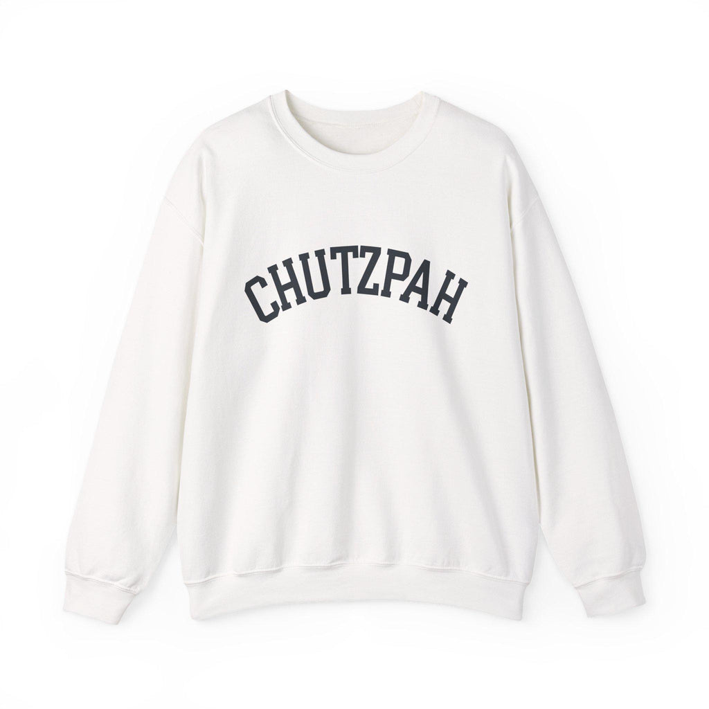 Chutzpah Sweatshirt White Crewneck, Yiddish Collegiate Lettering Jewish Pullover Gift