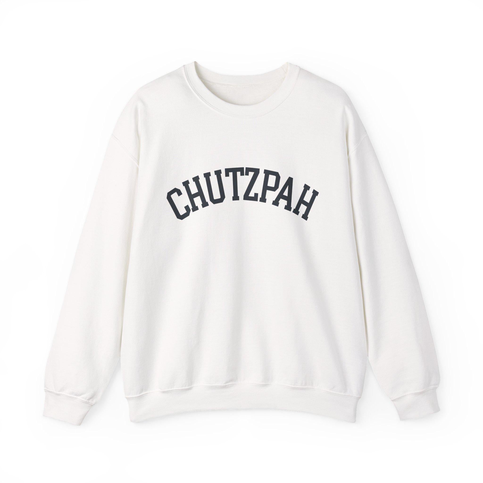 Chutzpah Sweatshirt White Crewneck, Yiddish Collegiate Lettering Jewish Pullover Gift