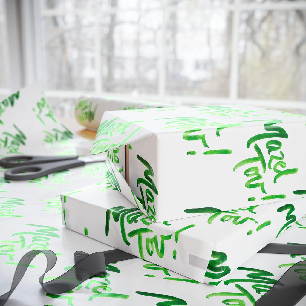 White Green Mazel Tov Wrapping Paper, Modern Jewish Simcha Gift Wrap