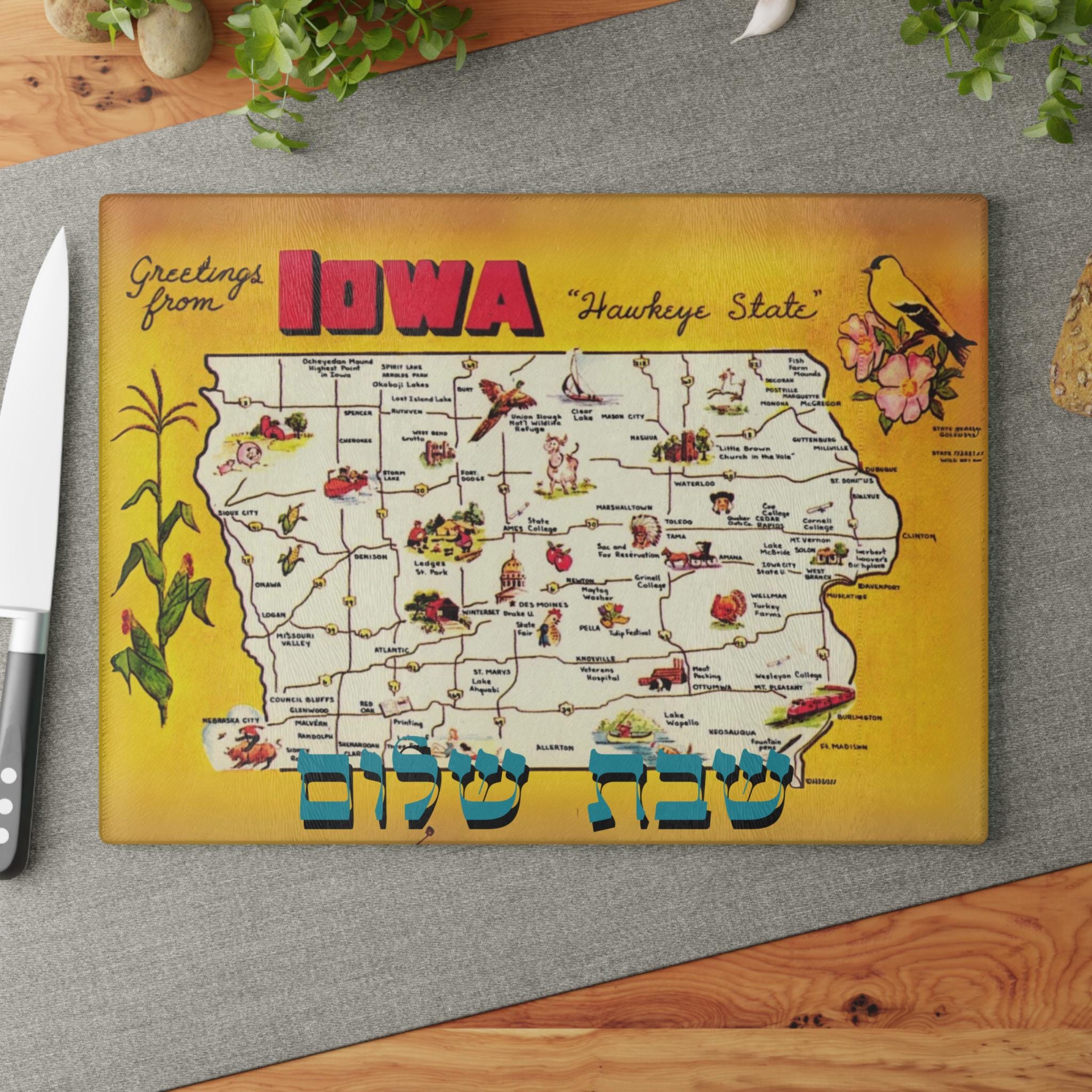 Iowa Challah Board, Vintage Map Tempered Glass Tray, Judaica Wedding Gift