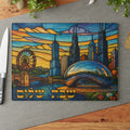 Illinois Challah Board Chicago Skyline Shabbat Tray, 15x11 Stained Glass Judaica, Jewish Chicago Wedding Gift