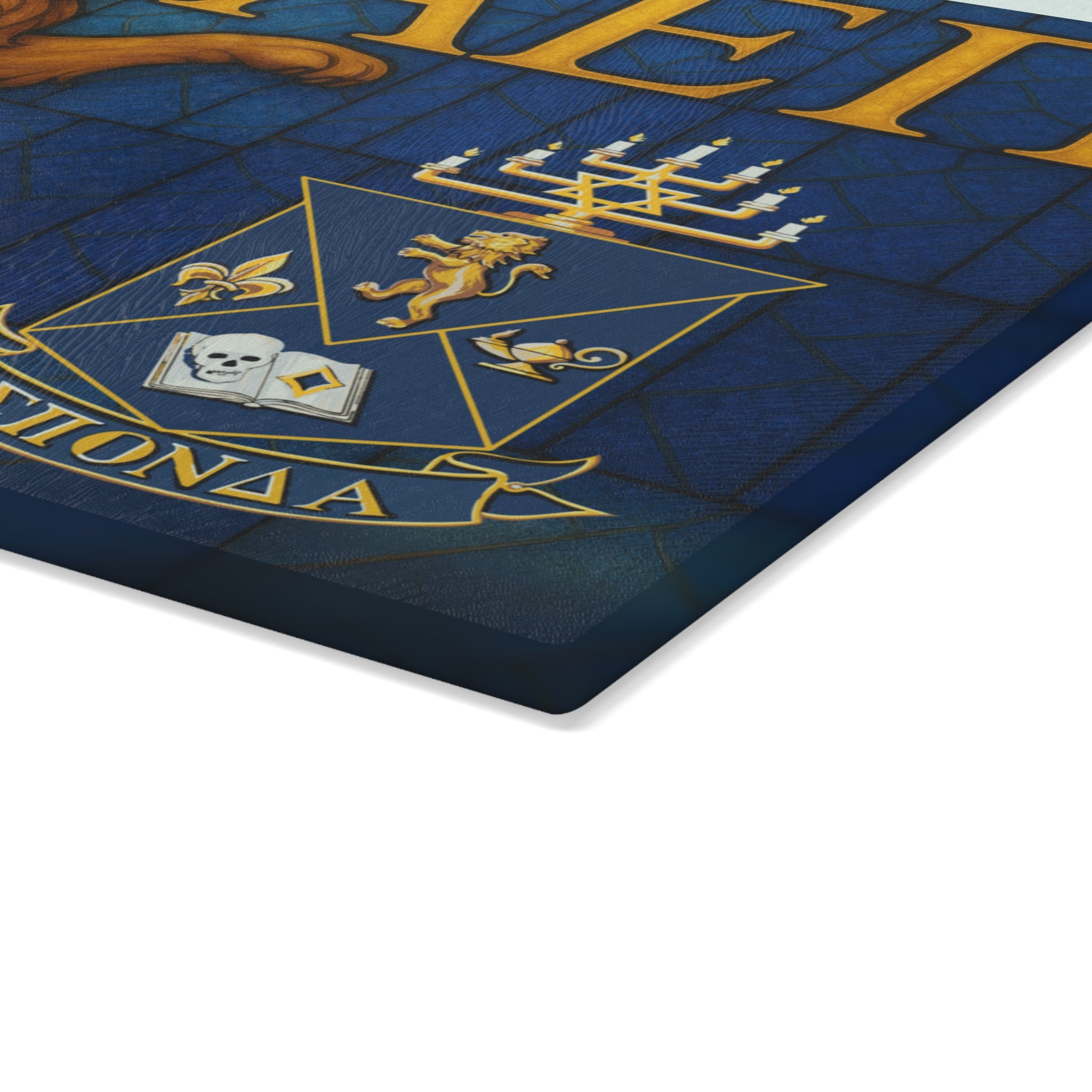 AEPi Challah Board Stained Glass Shabbat Tray, 15x11 Jewish Fraternity Judaica, Blue and Gold Lion Gift